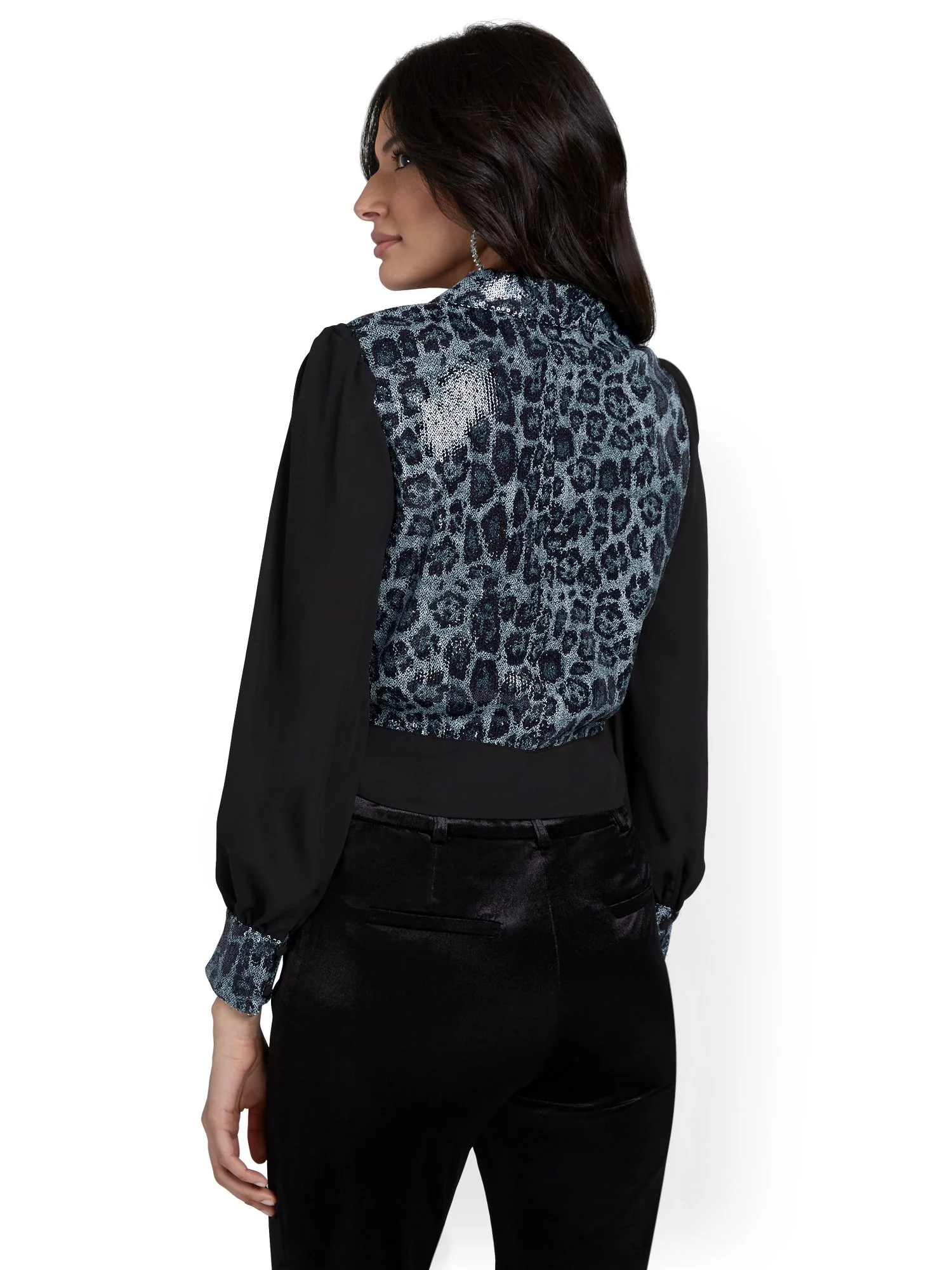 Sequin Leopard-Print Shirred-Sleeve Blouse - Image 3