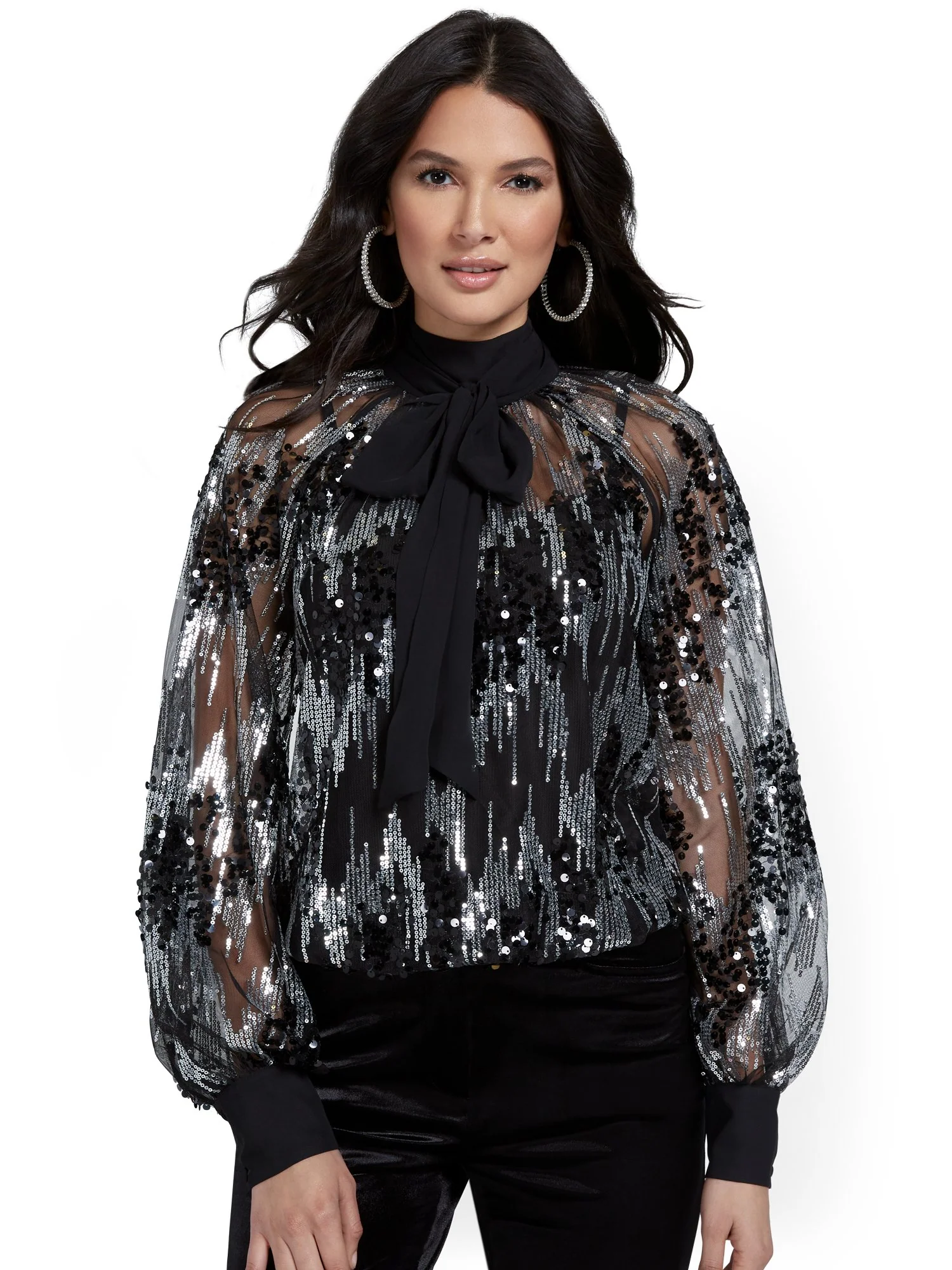 Sequin Mesh Bow-Front Blouse - Image 2