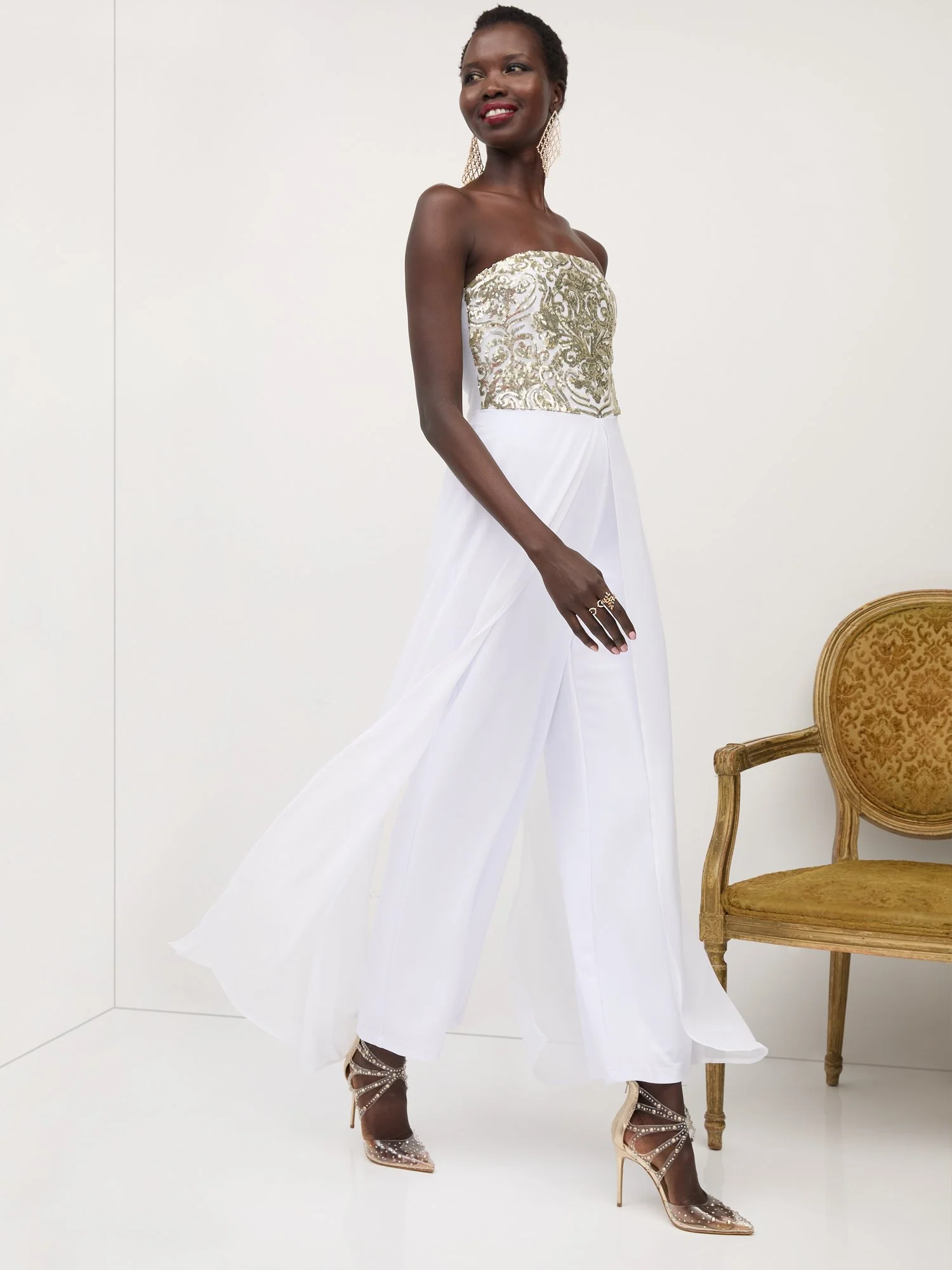 Sequin-Top Strapless Draped Jumpsuit - Image 2