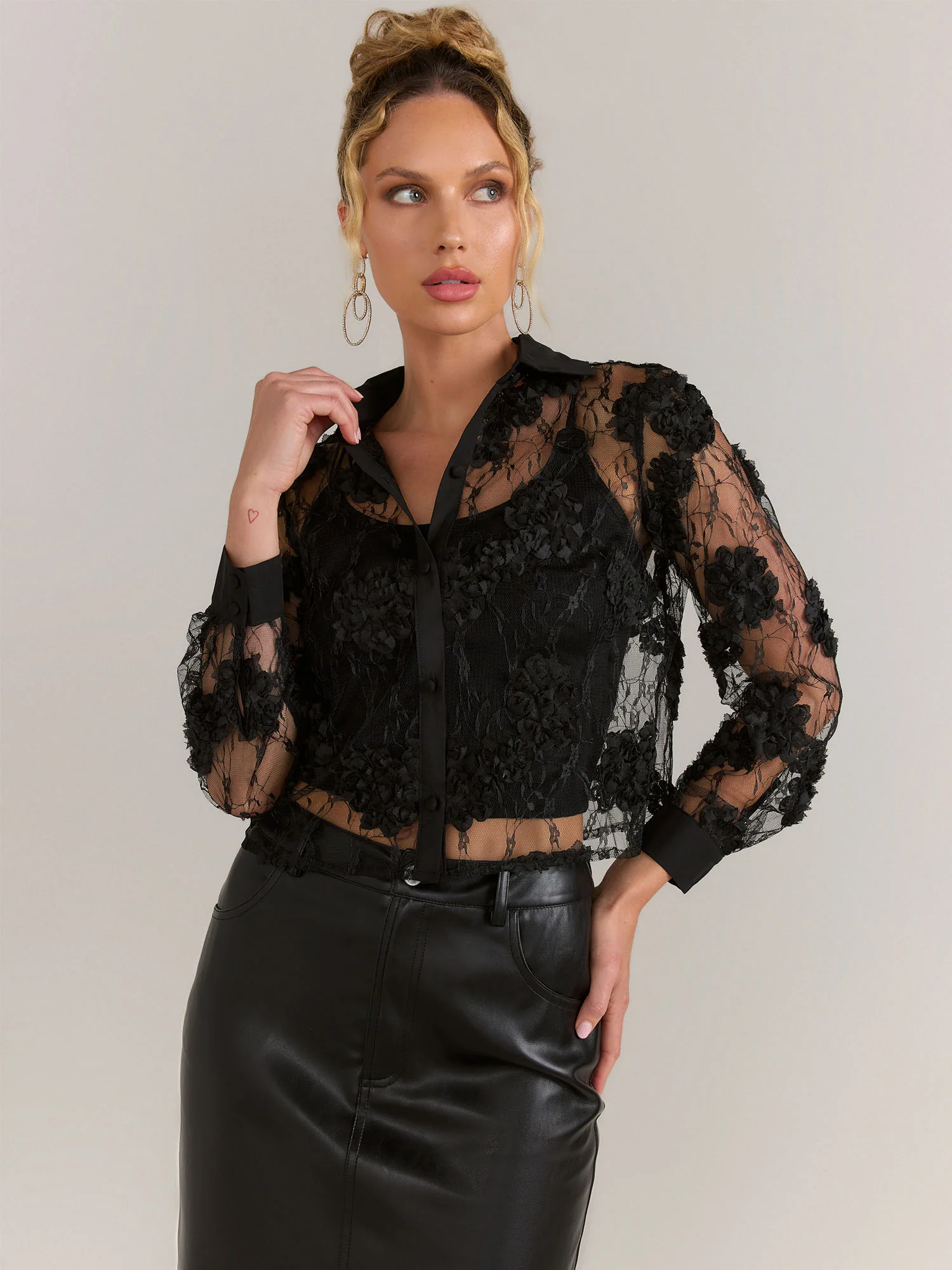 Vine Tree Sheer 3D Lace Button Down Top - Brands We Love