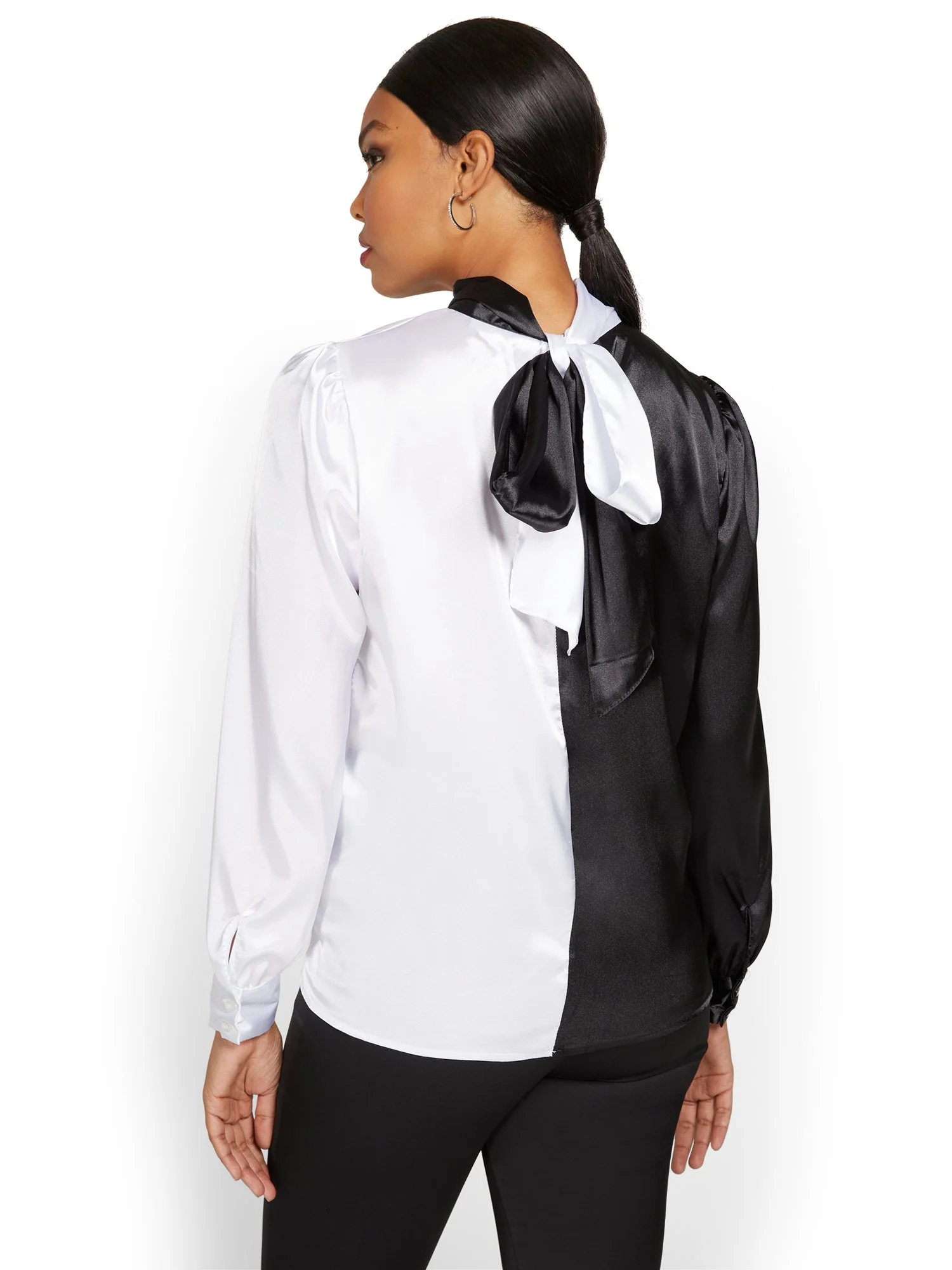 Shiny Tie-Back Colorblock Blouse - Image 3