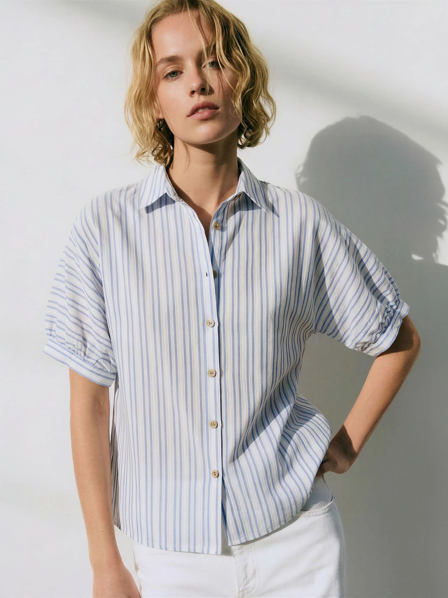 Short Balloon Sleeve Stripe Button Down Shirt
