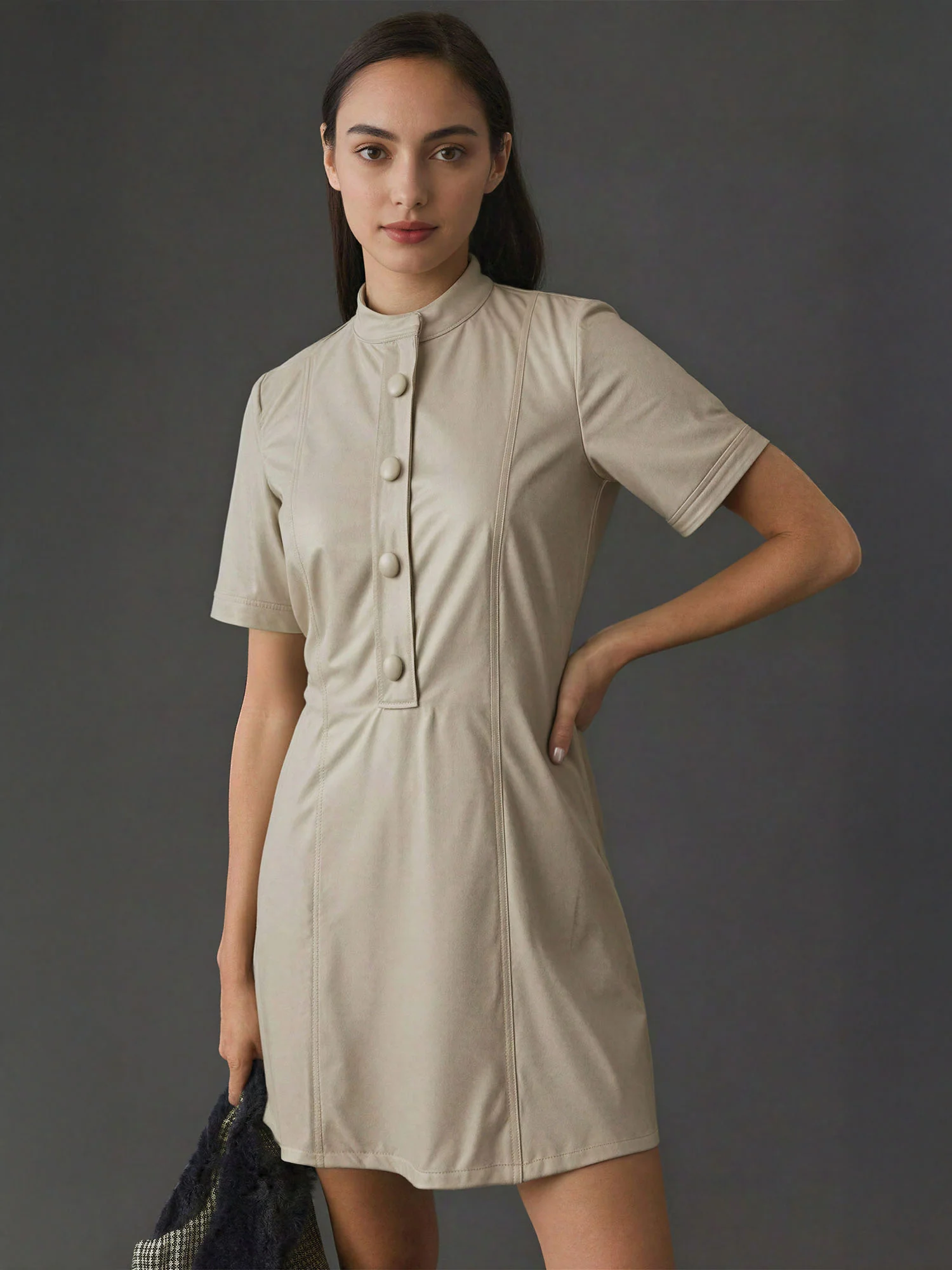 Short Sleeve Button Faux Leather Shift Dress - Image 5