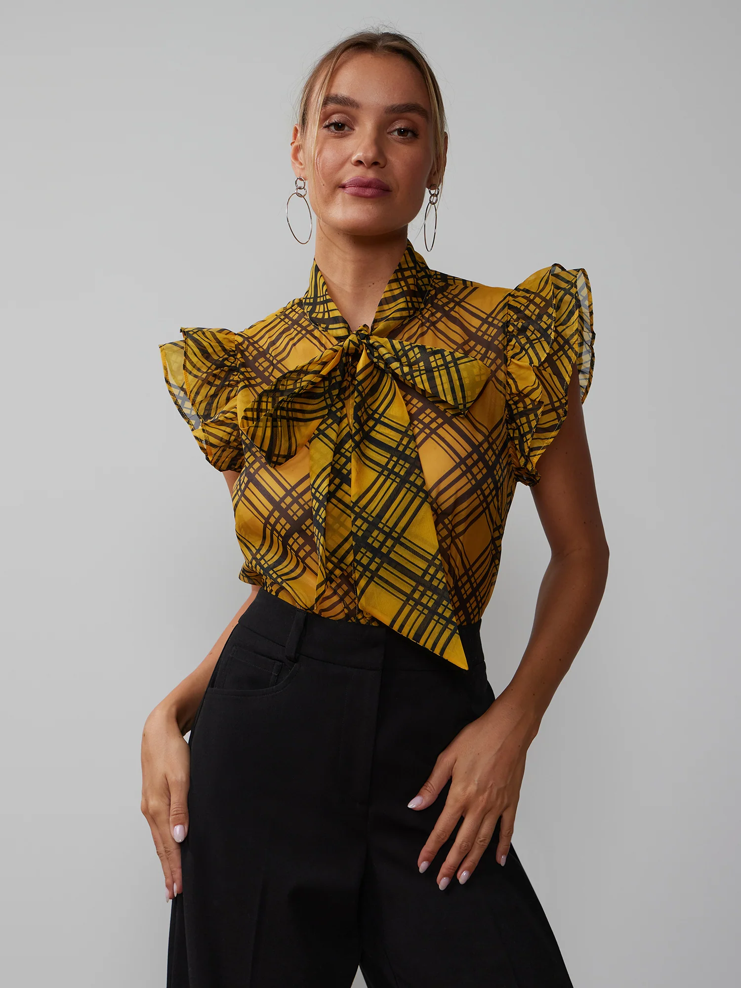 Short Sleeve Organza Bow Plaid Top