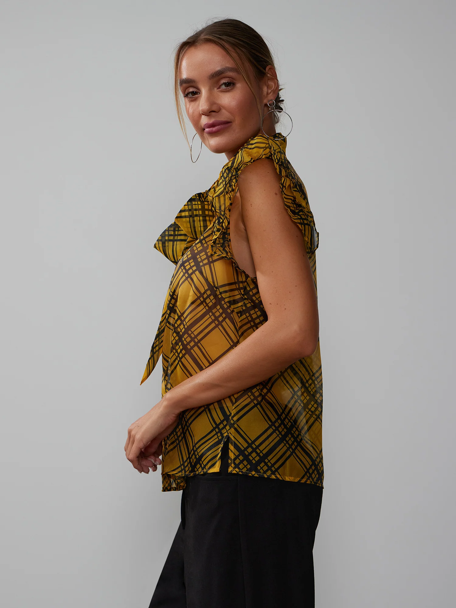 Short Sleeve Organza Bow Plaid Top - Image 2