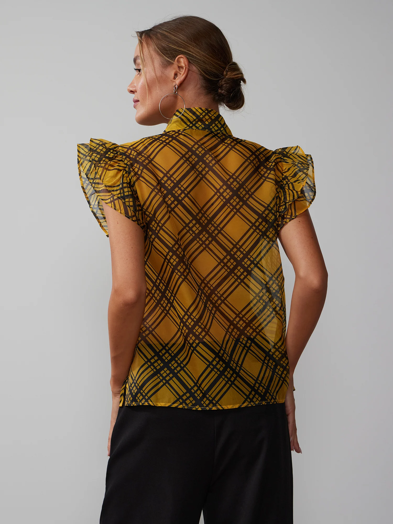 Short Sleeve Organza Bow Plaid Top - Image 3