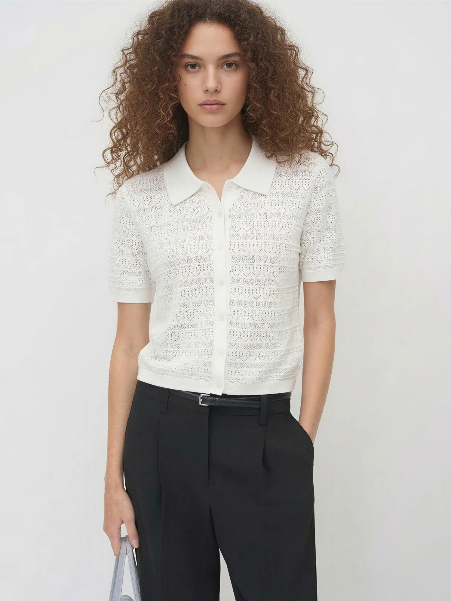 Short Slv Pointelle Button Up Polo