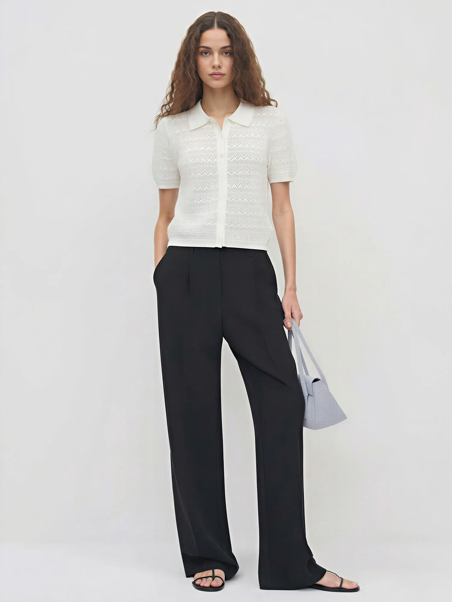 Short Slv Pointelle Button Up Polo - Image 2