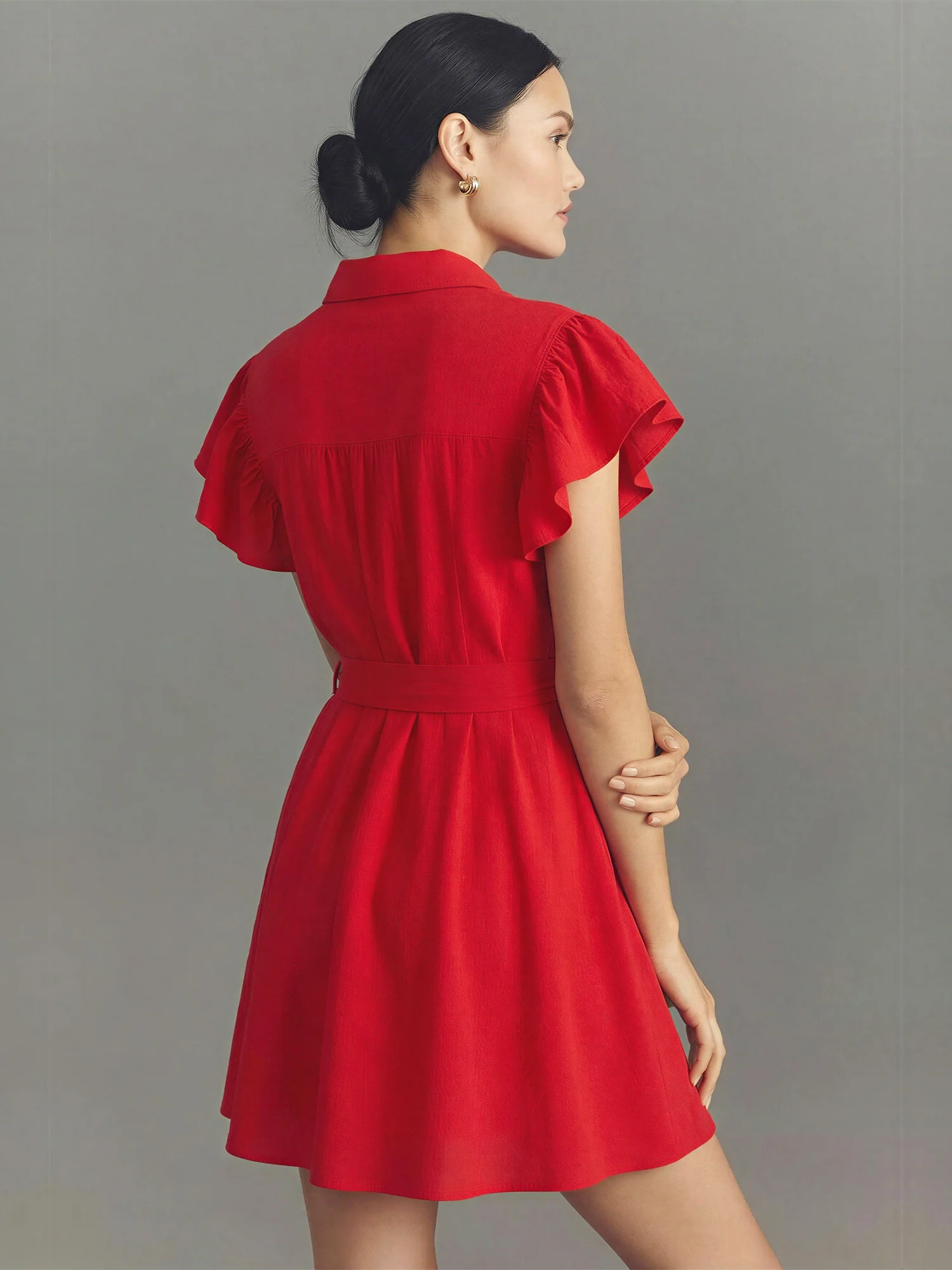 Short Sleeve Ruffle Tie Waist Button Down Mini Shirt Dress - Image 4