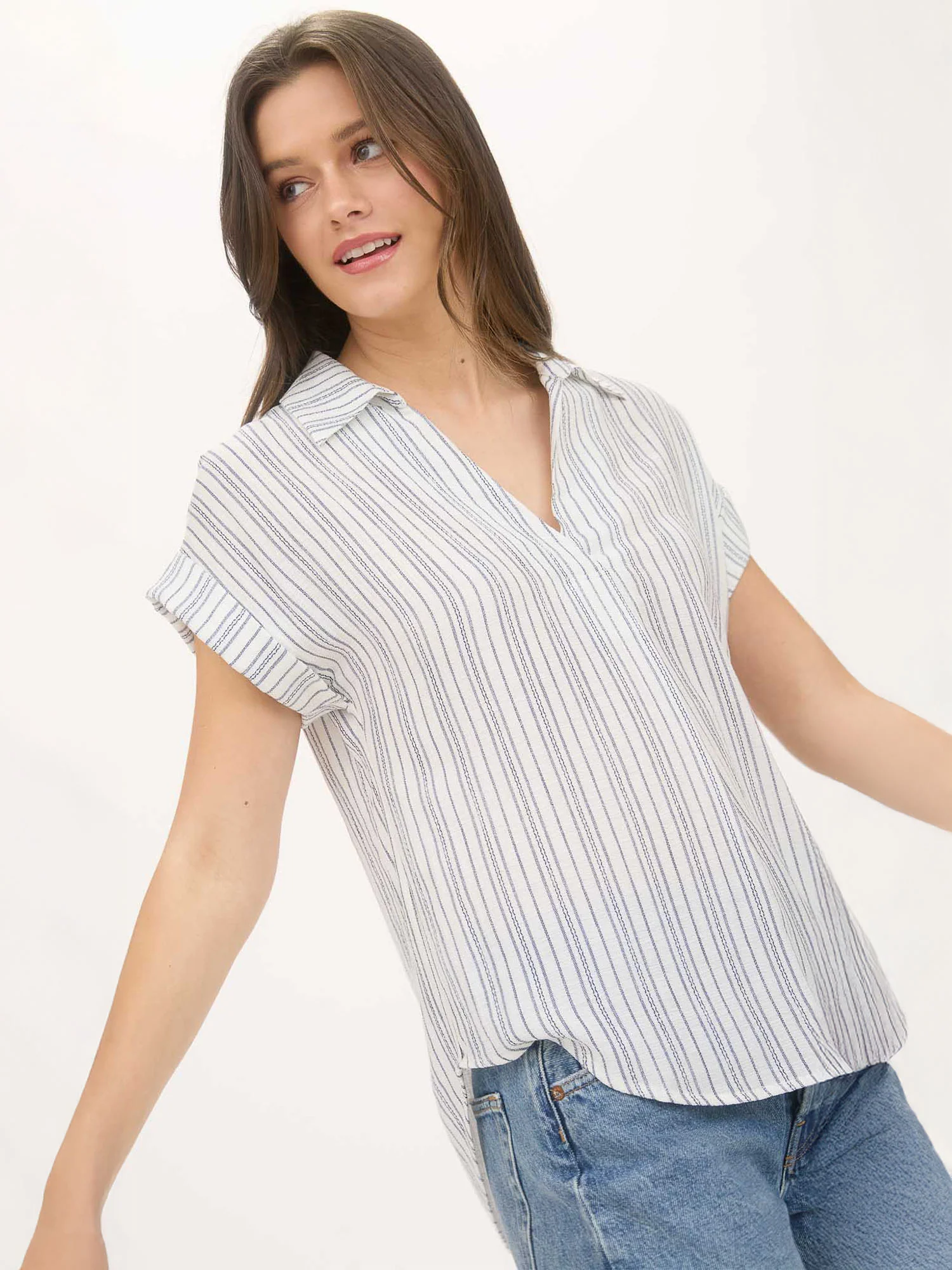 Short Sleeve Stripe Collared Popover Shirt - Image 12