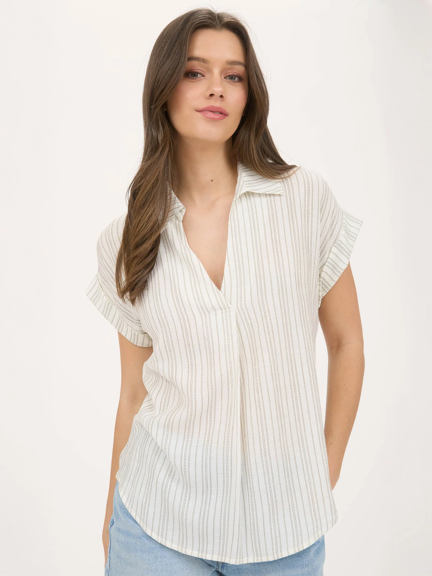 Short Sleeve Stripe Collared Popover Shirt - Image 16