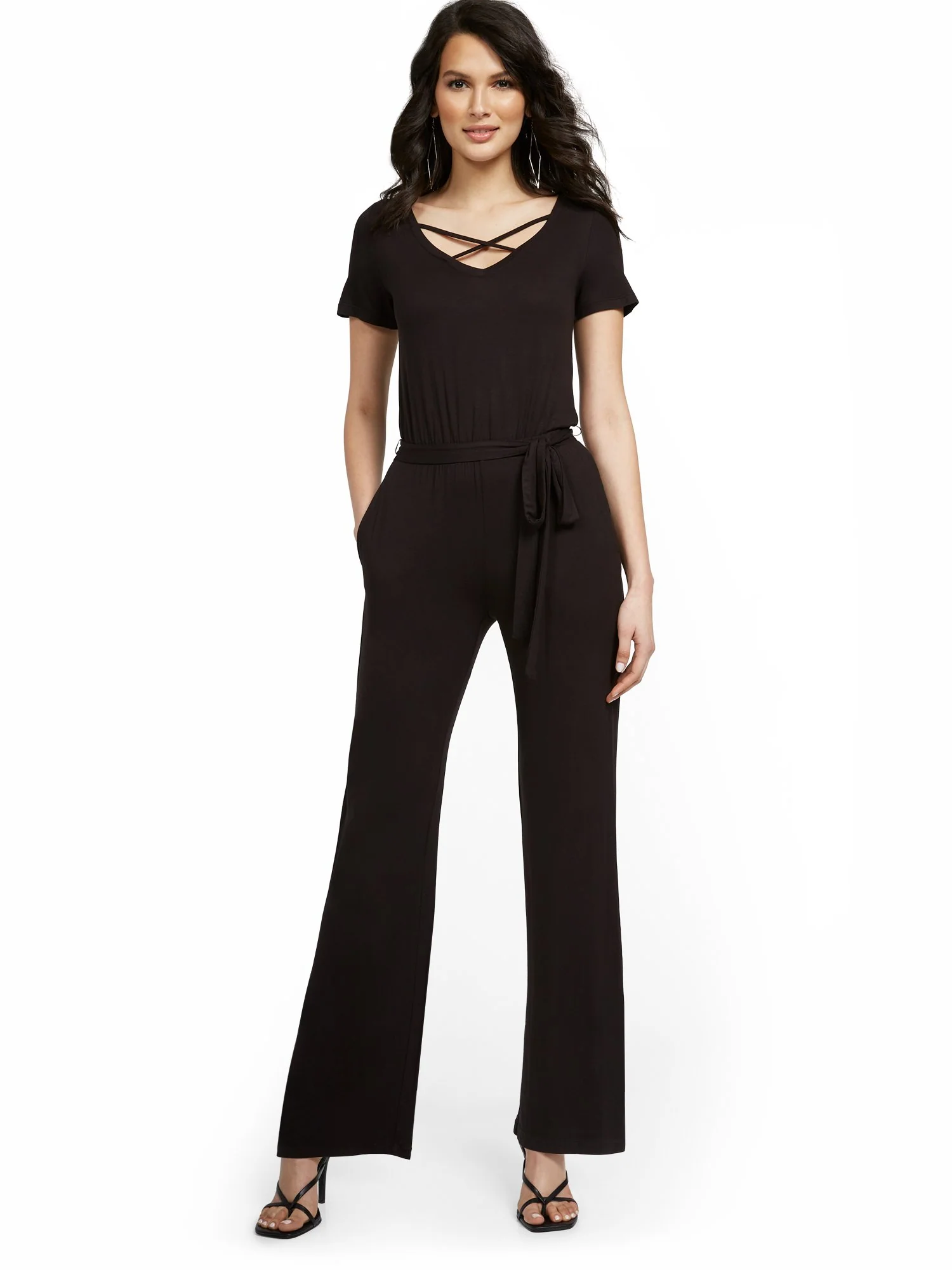 Short-Sleeve Tie-Front Knit Jumpsuit - Image 2