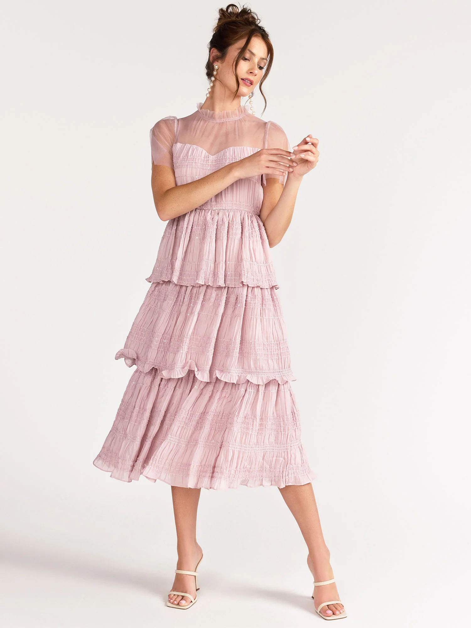 Just Me Short Sleeve Tiered Mesh Yoke Crinkled Midi Dress - Brands We Love