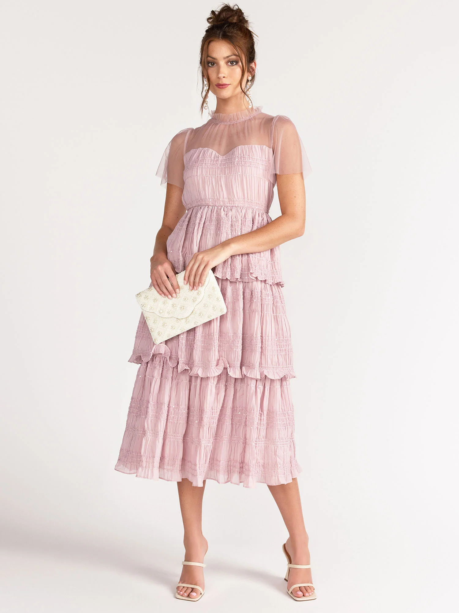 Just Me Short Sleeve Tiered Mesh Yoke Crinkled Midi Dress - Brands We Love - Image 3
