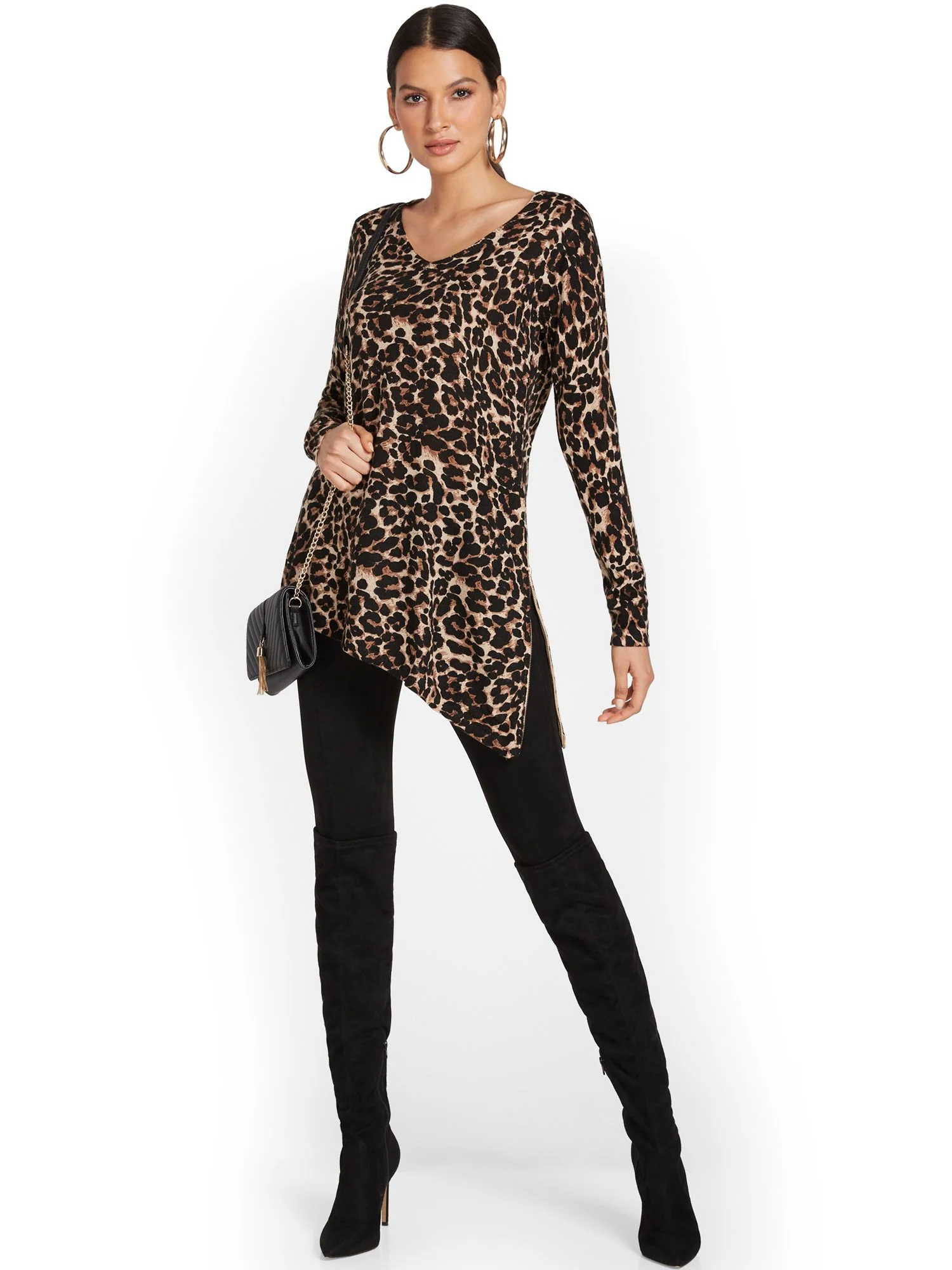 Side-Zip Tunic Sweater - Leopard