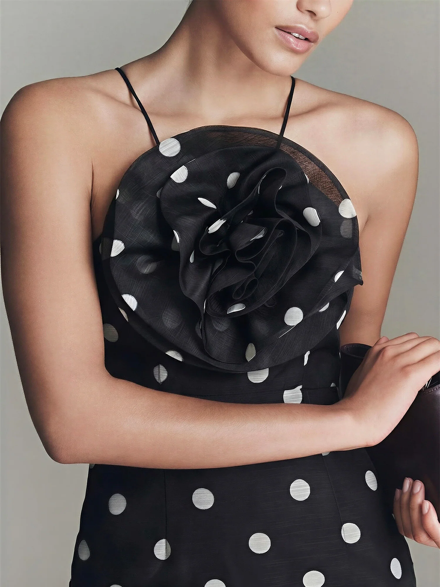 3D Rosette Polka Dot Chiffon Mini Dress - Image 2