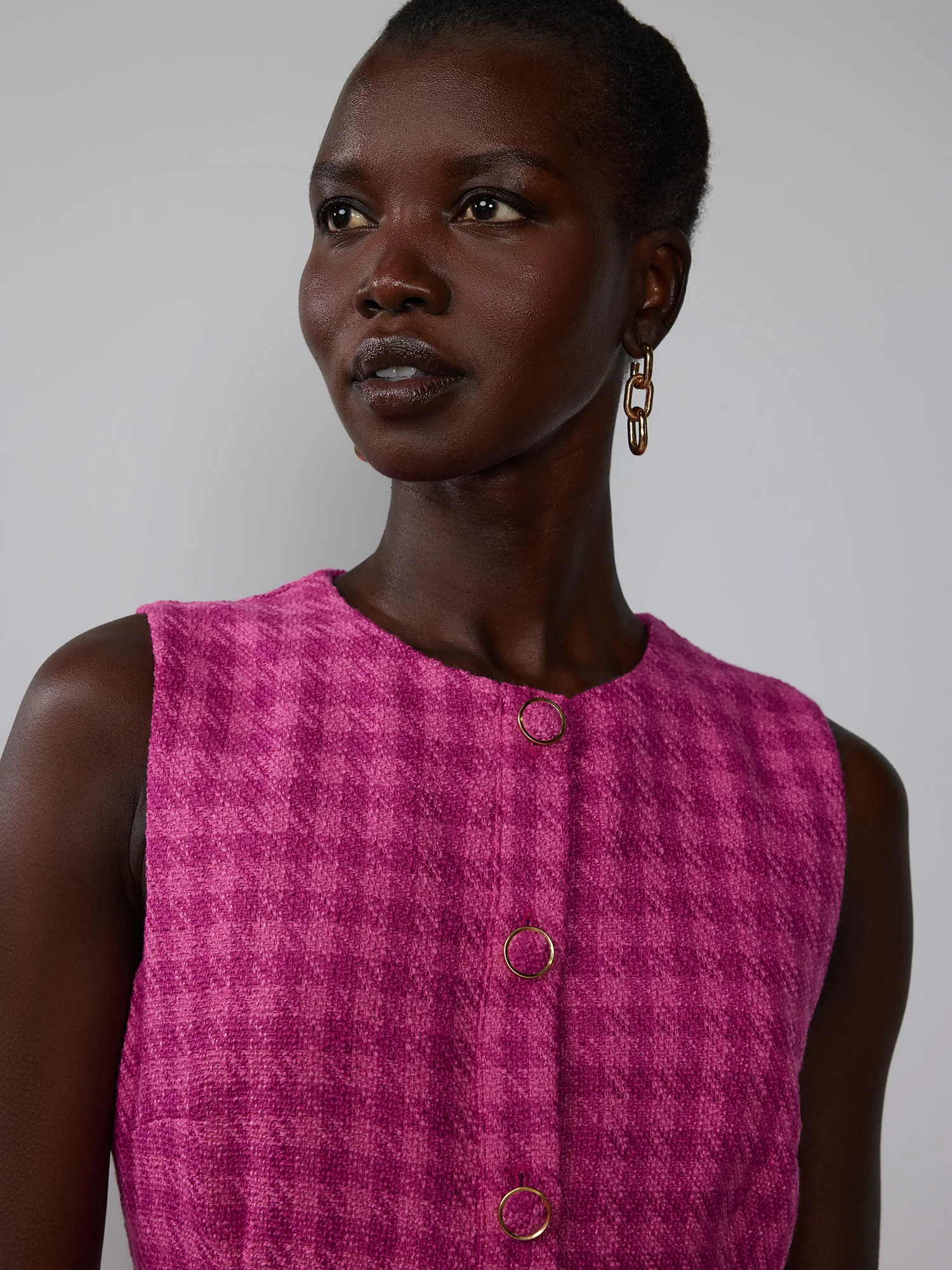 Sleeveless Button Front Tweed Shift Dress - Image 4