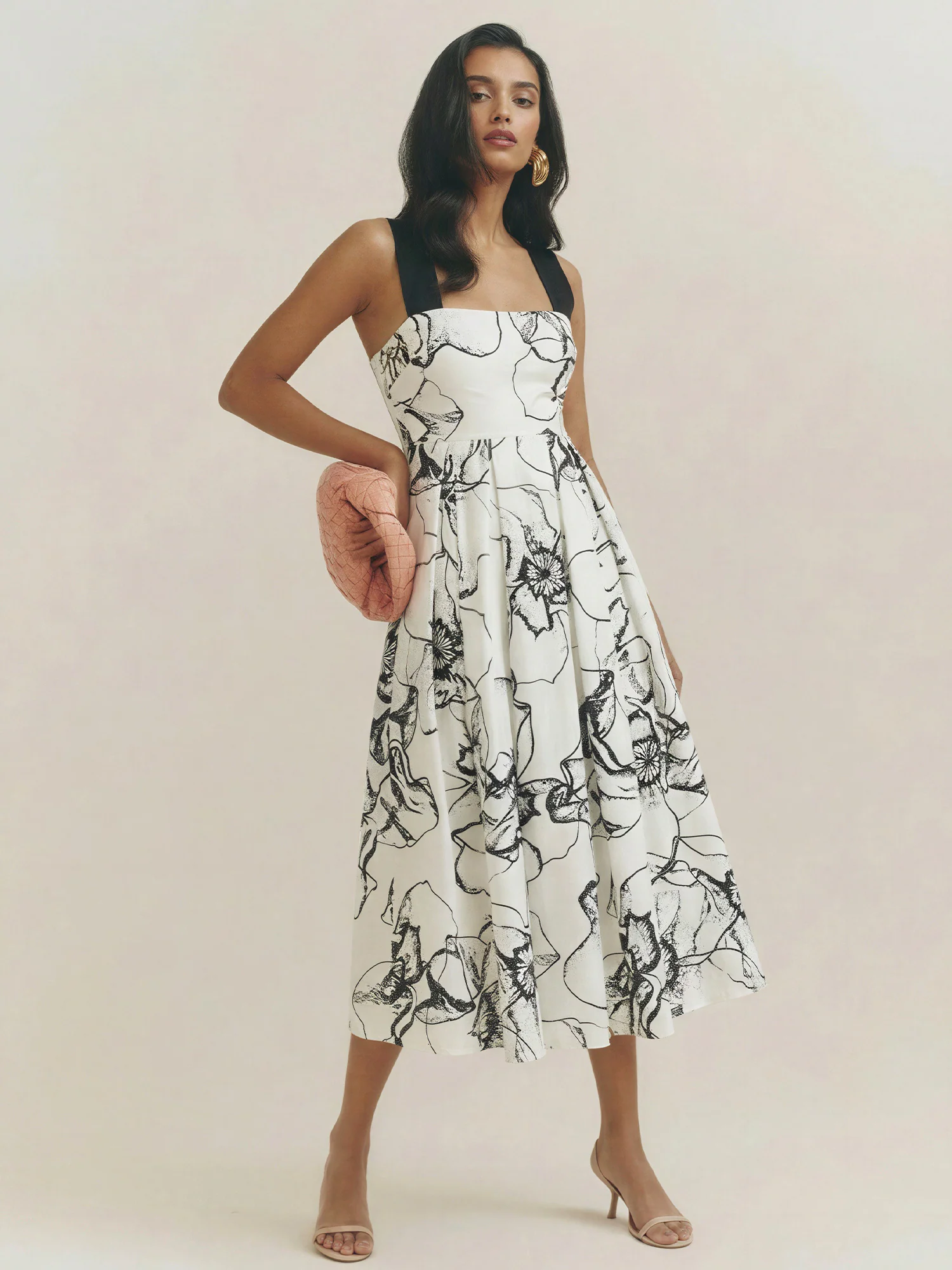 Contrast Strap Pleated Midi Dress