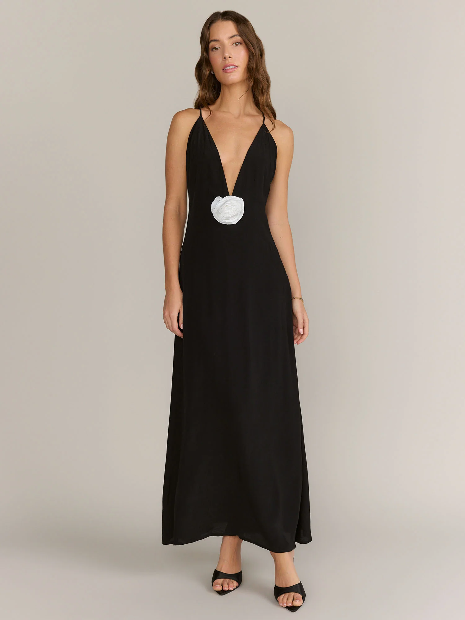 Fore Collection Sleeveless Plunge V-Neck Rosette Maxi Dress - Brands We Love
