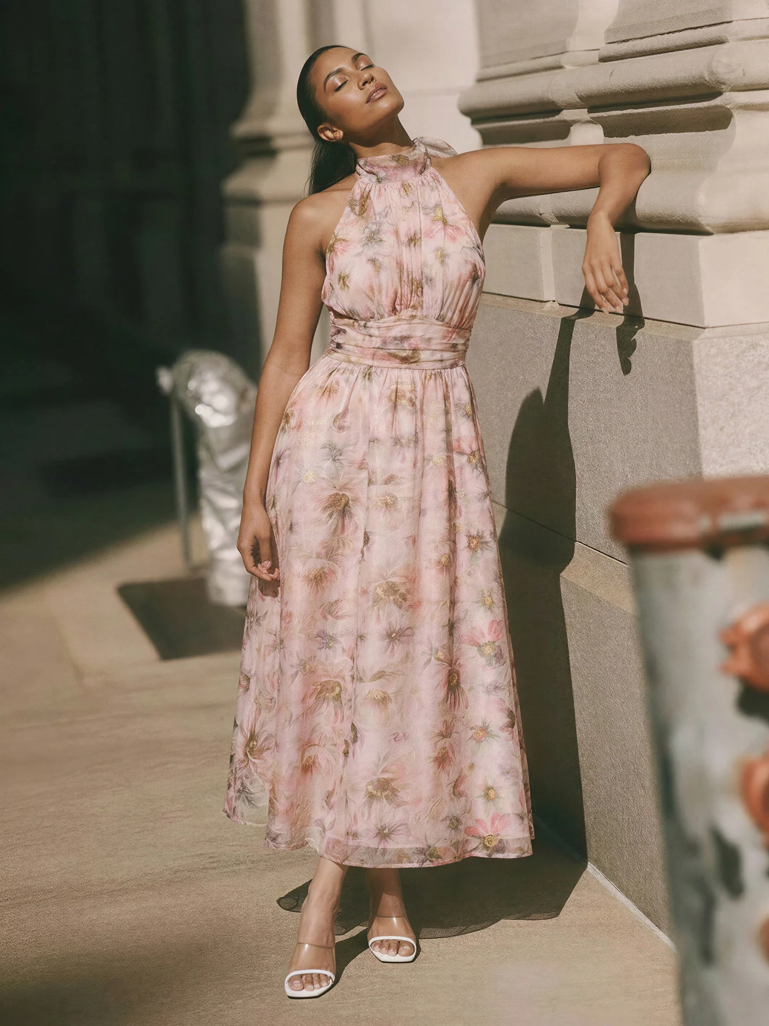 Floral Halter Chiffon Midi Dress
