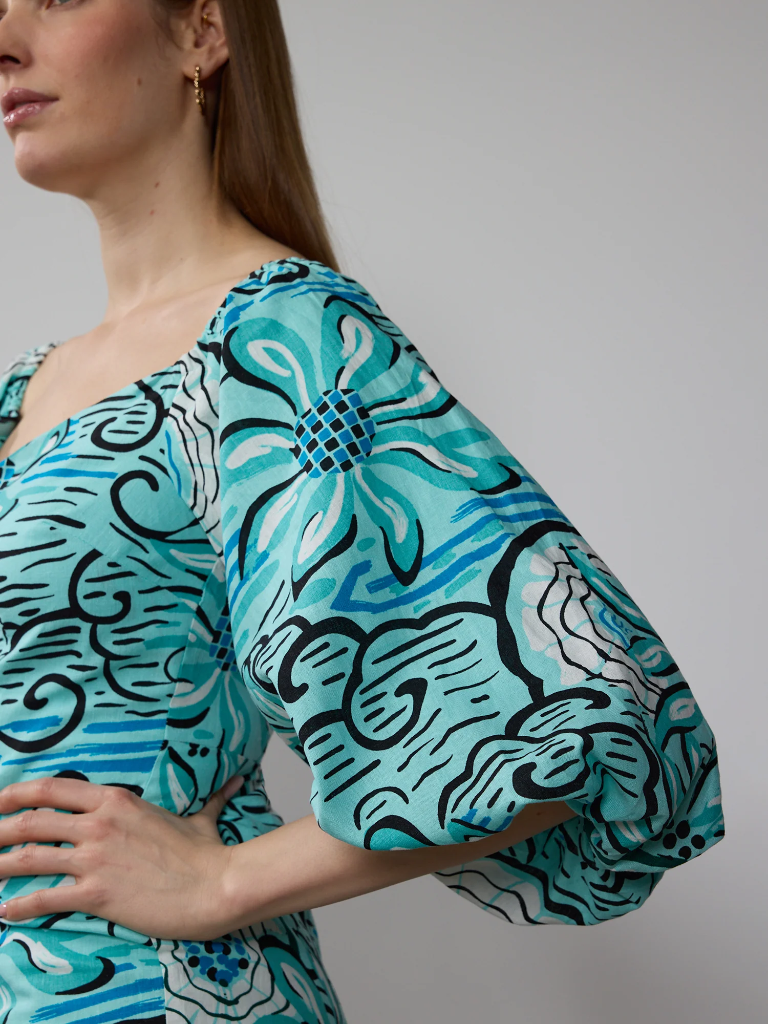 Floral Puff Sleeve Linen Mini Dress - Image 4