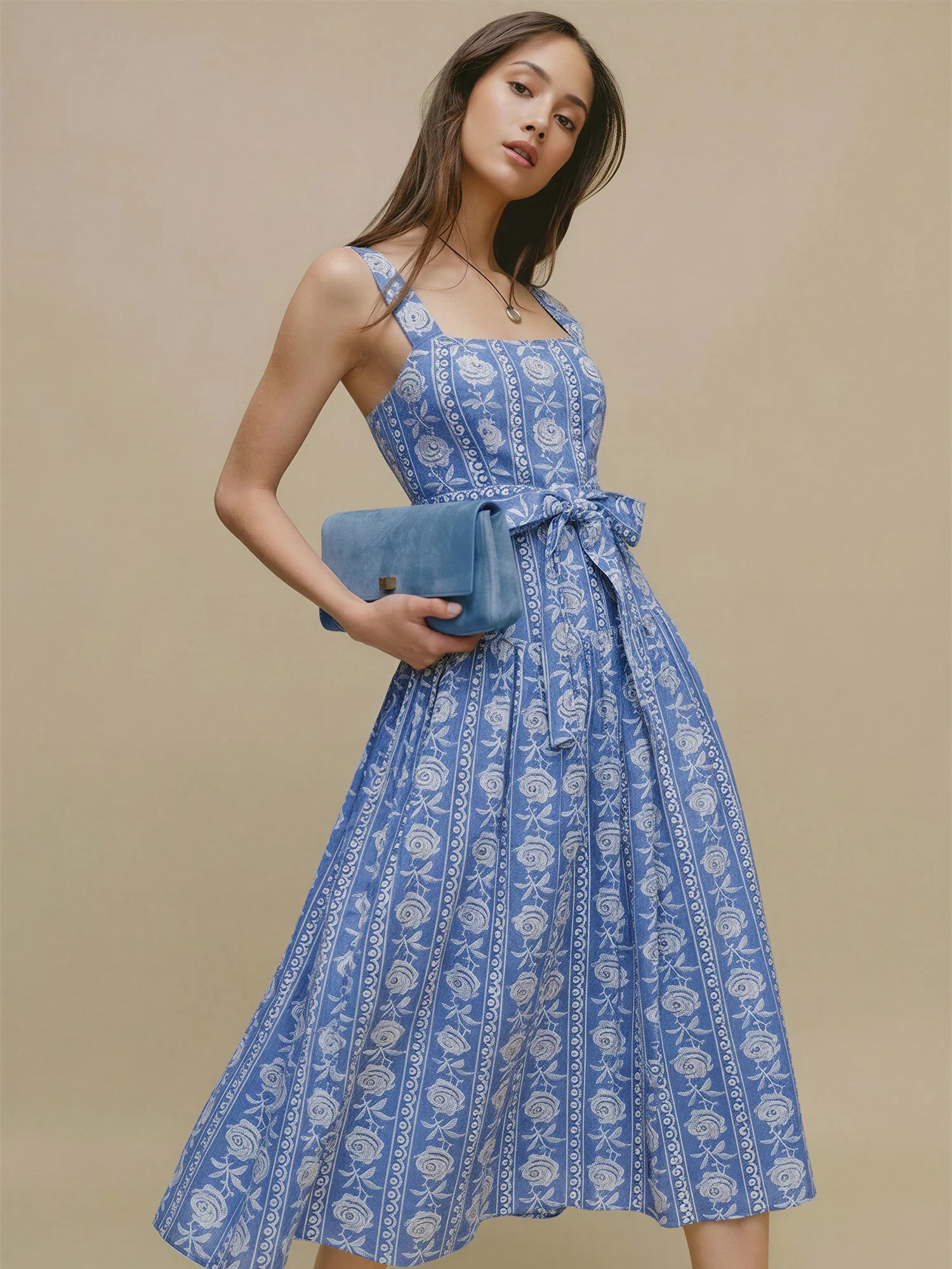 Rose Embroidered Tie Waist Square Neck Midi Dress - Image 2