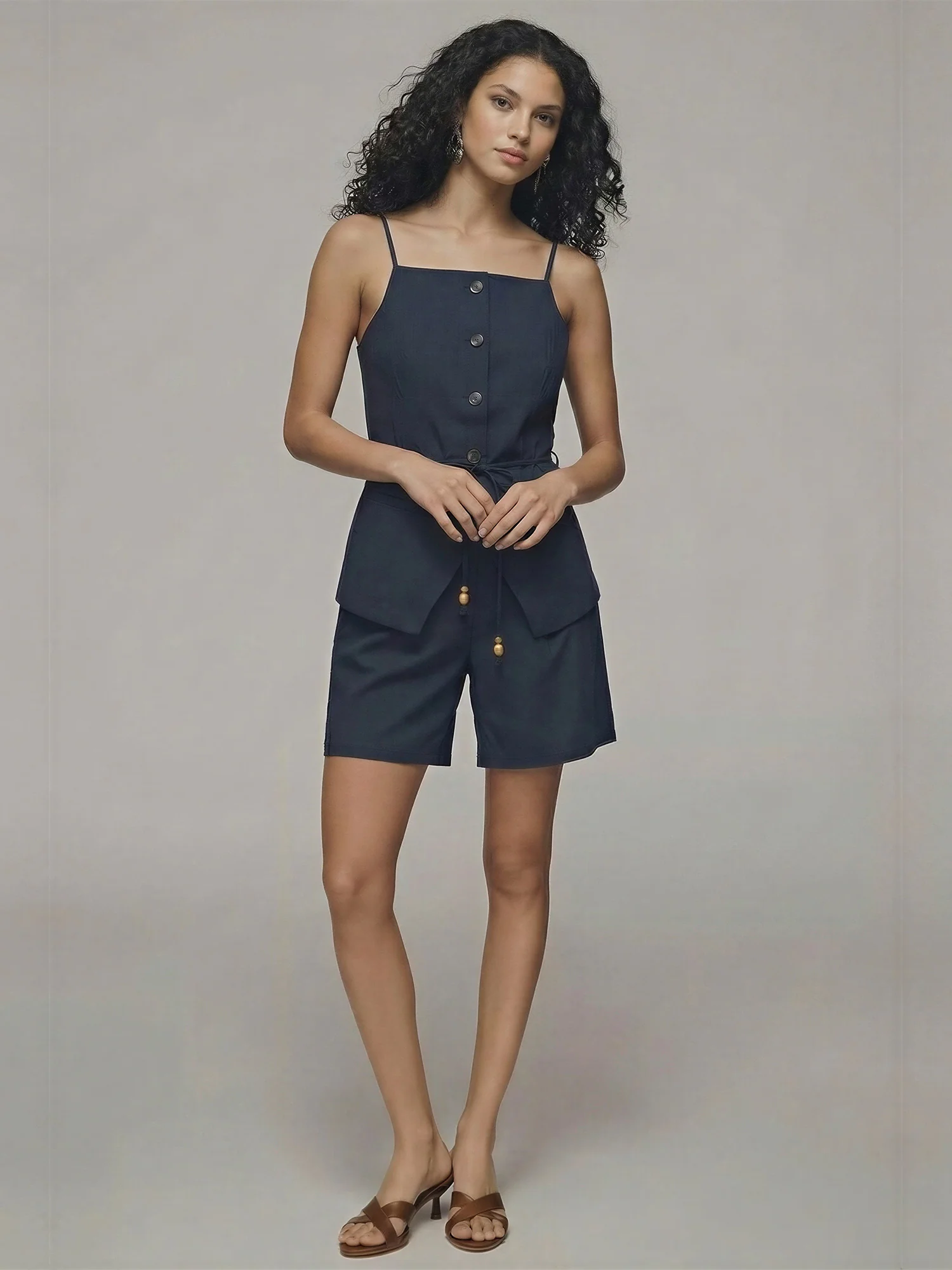 Sleeveless Halter Neck Button Down Tie Waist Top