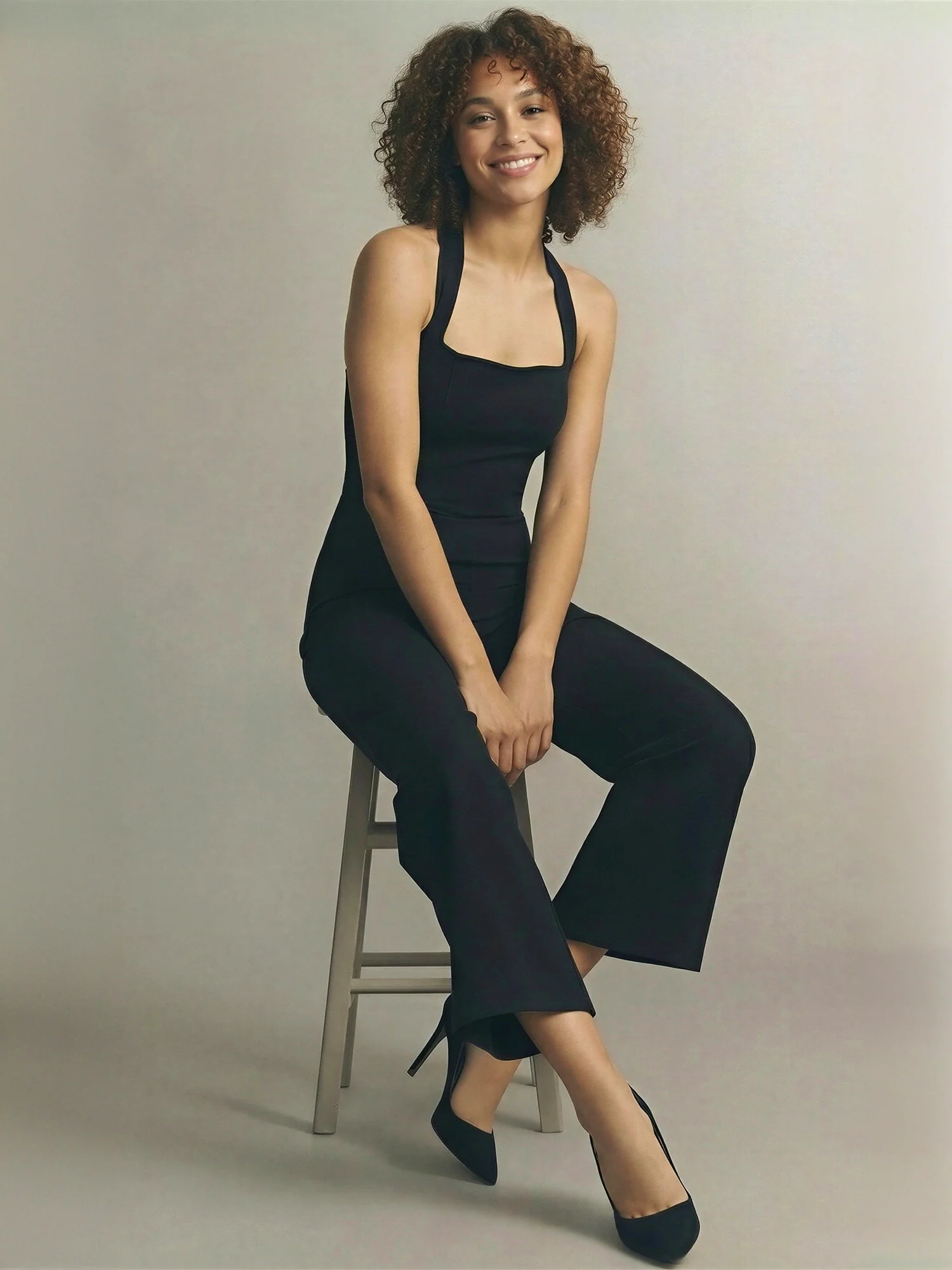 Sleeveless Halter Neck Tie Linen Blend Jumpsuit - Image 2