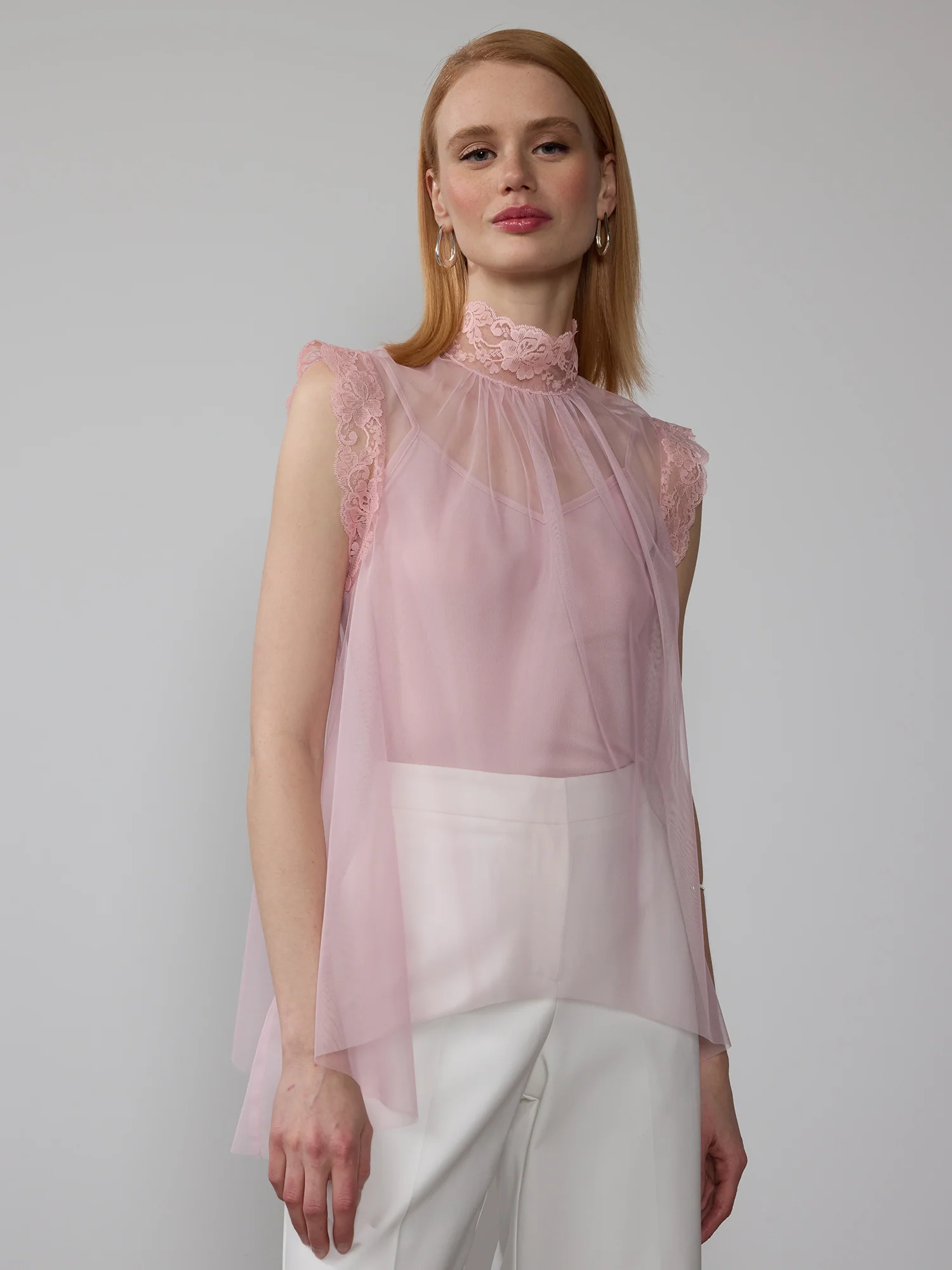 Sleeveless Lace High Neck Tulle Top