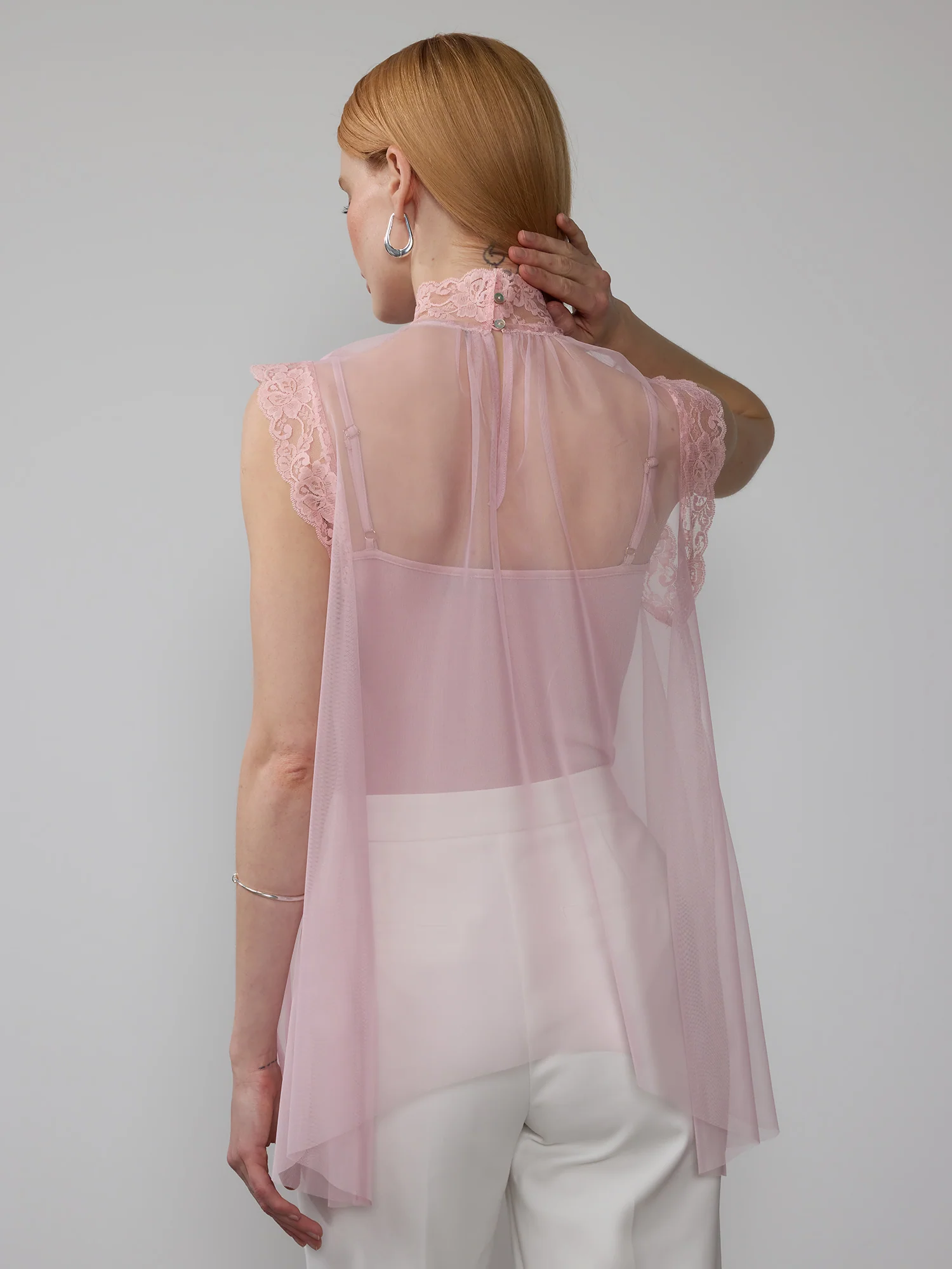 Sleeveless Lace High Neck Tulle Top - Image 3