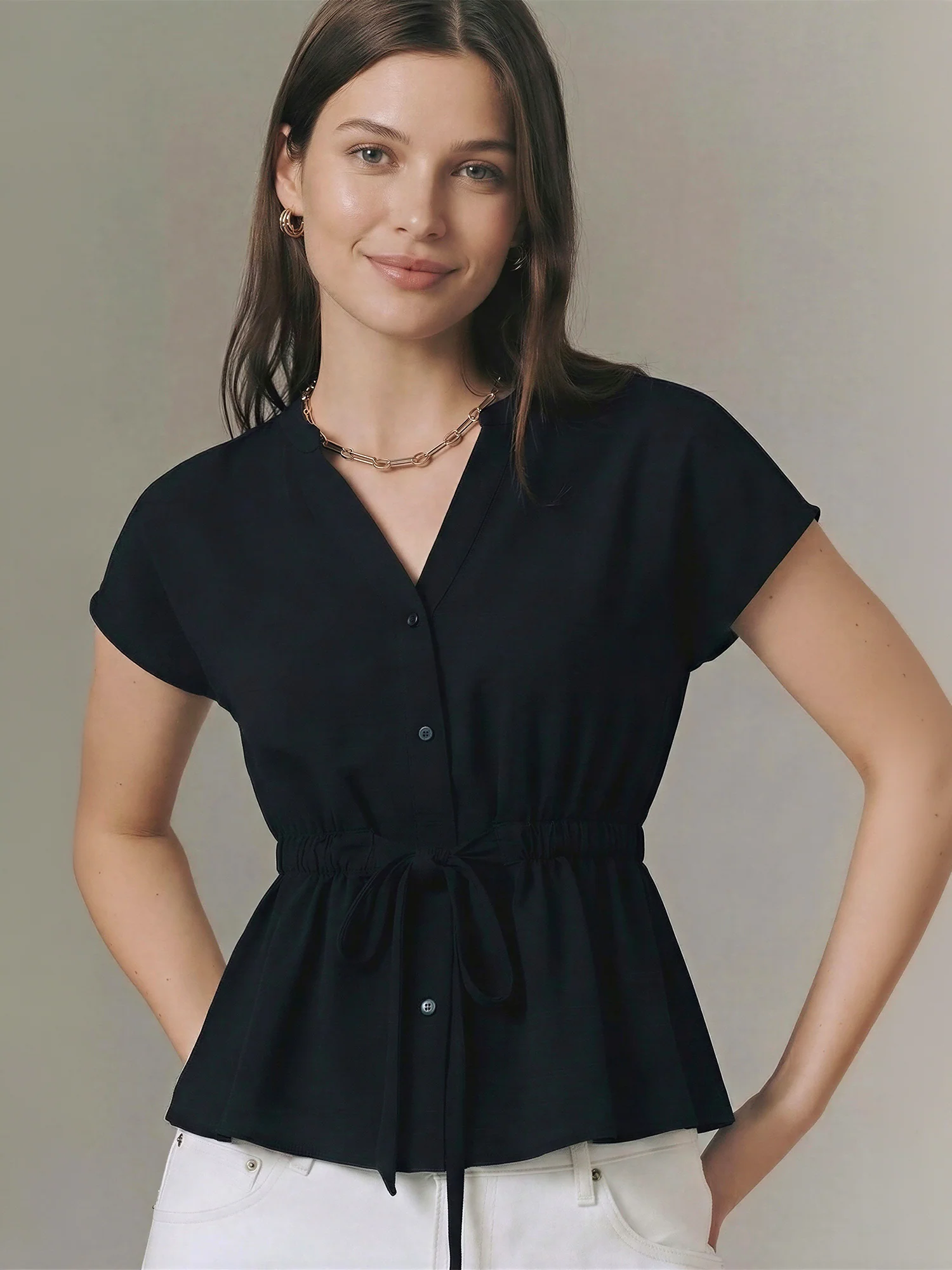 Sleeveless Mandrian Collar Crepe Drawstring Pull Shirt - Image 5