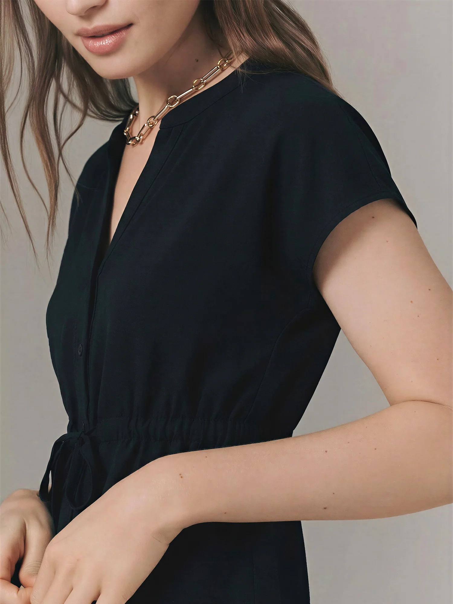 Sleeveless Mandrian Collar Crepe Drawstring Pull Shirt - Image 7