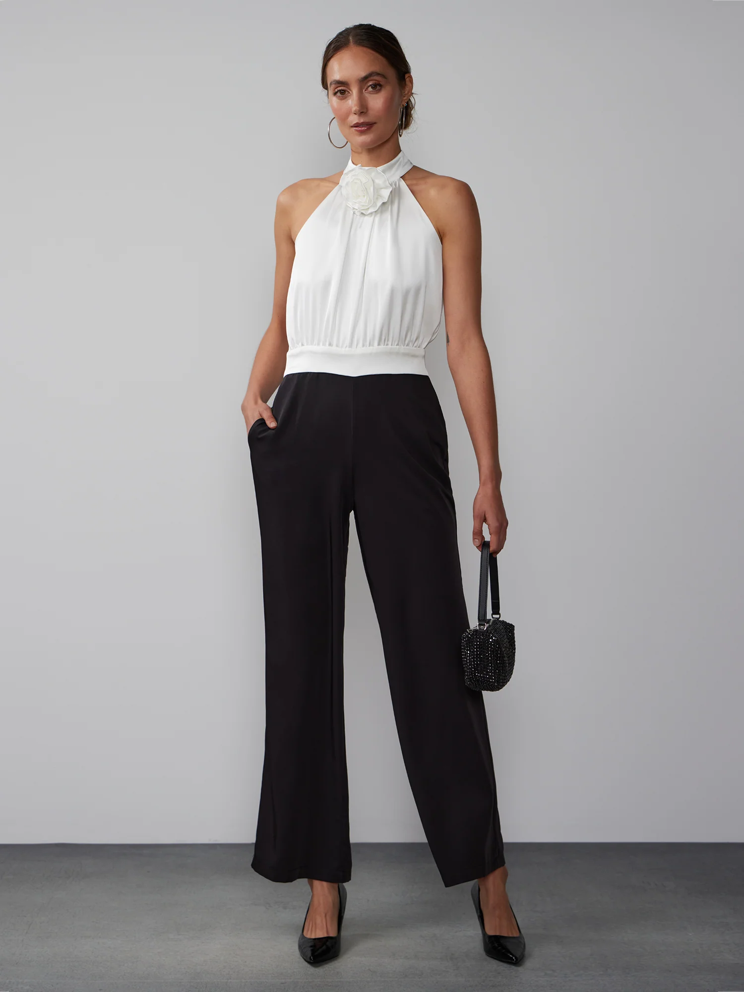 Sleeveless Satin Rosette Jumpsuit