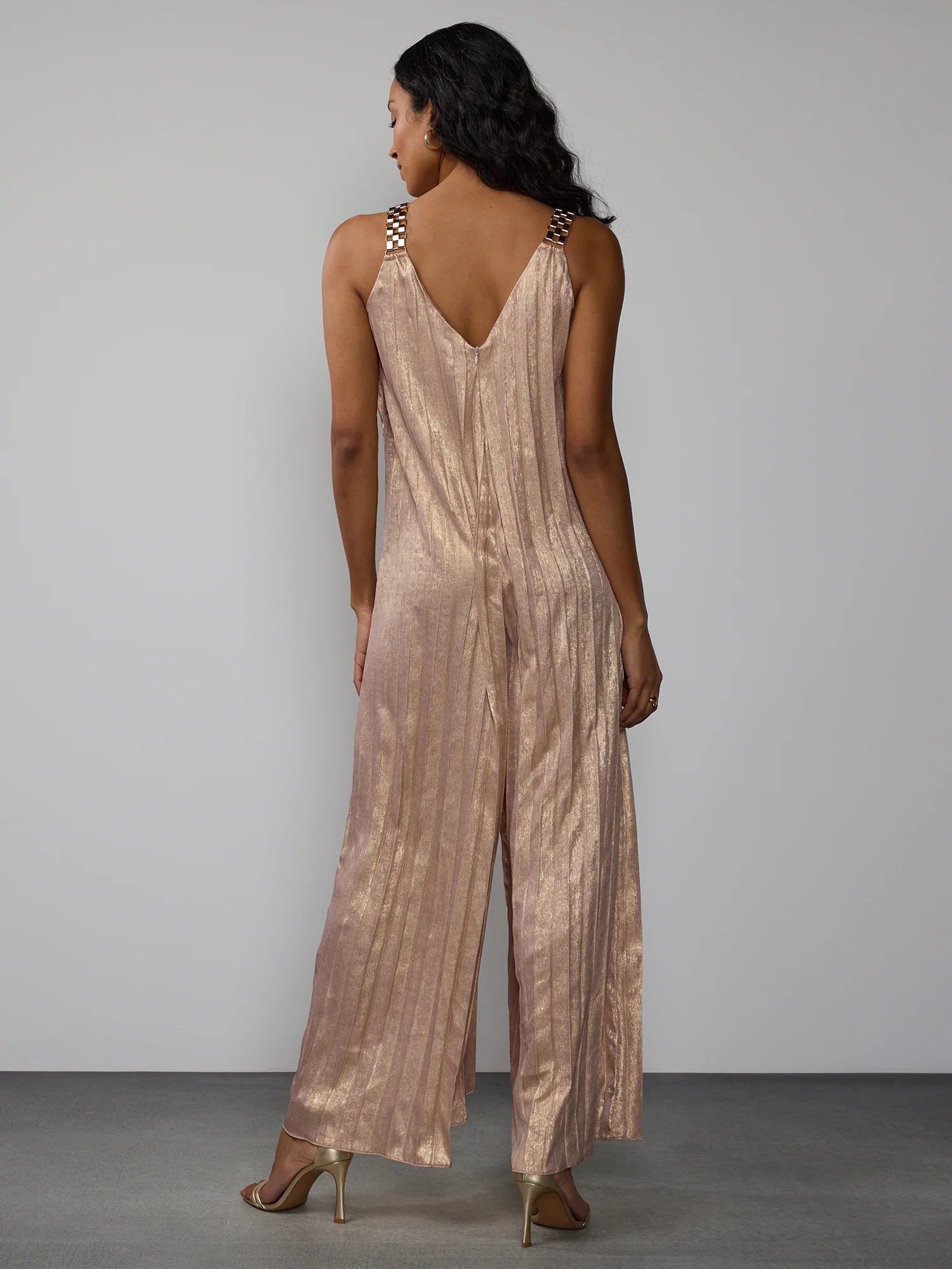Sleeveless Metallic Pleated Plisse Jumpsuit - Image 3