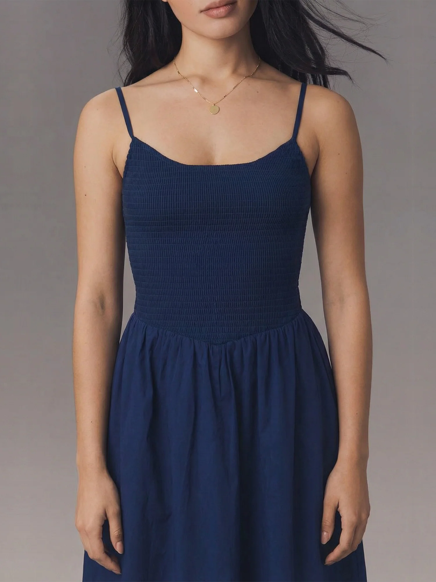 Sleeveless Smocked Bodice Cotton Poplin Midi Sun Dress - Image 2