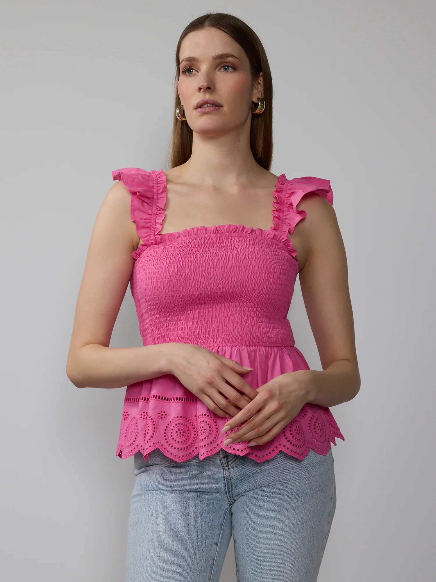 Smocked Eyelet Peplum Top - Image 11