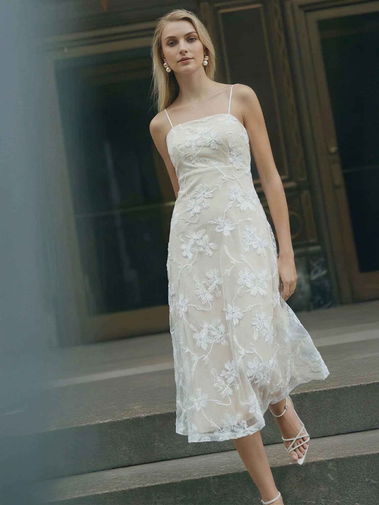 Square Neck 3D Floral Midi Dress