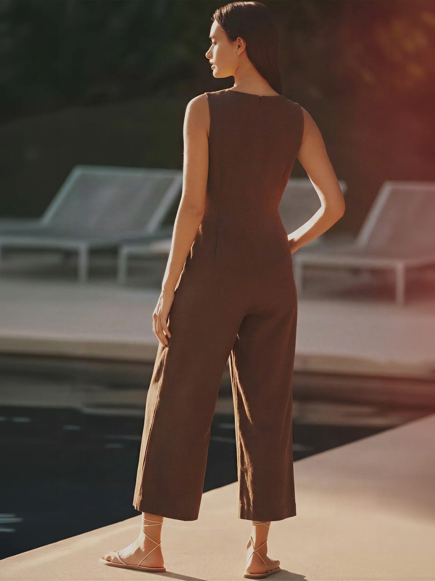 Sleeveless Square Neck Linen Blend Jumpsuit - Image 3