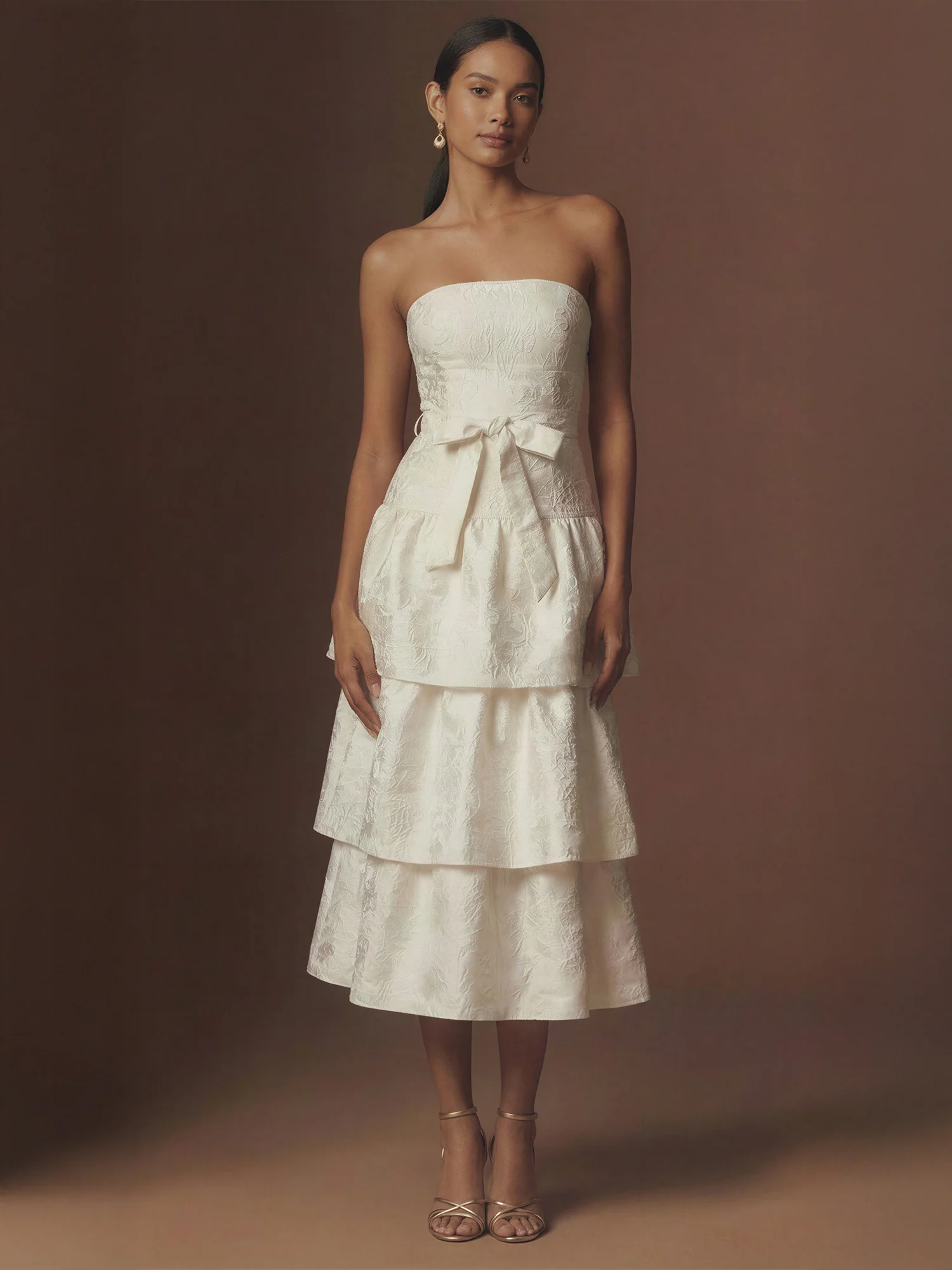 Strapless Tube Waist Tie Tiered Midi Dress