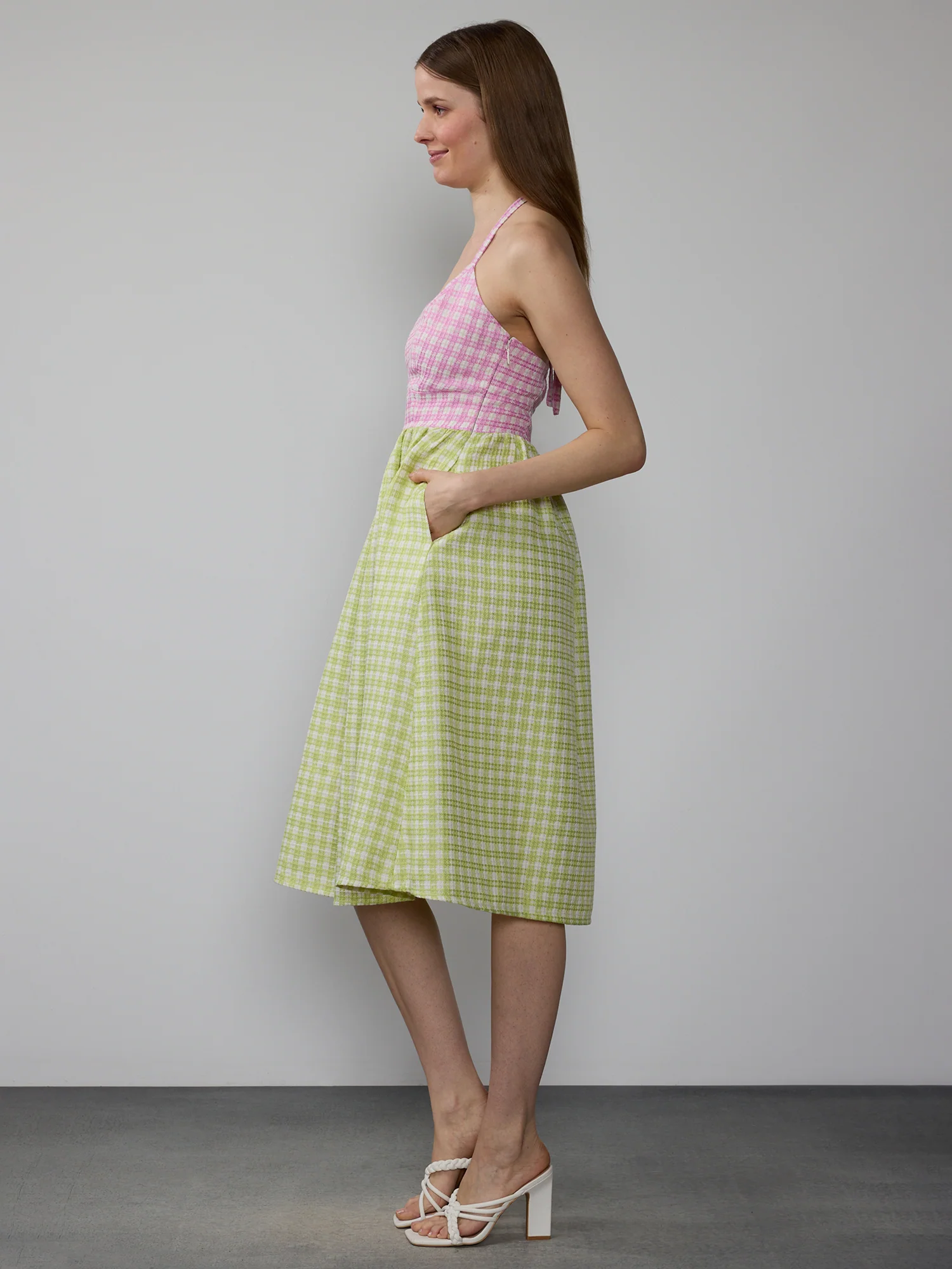 Textured Gingham Print Sweetheart Neck Dress - Image 2