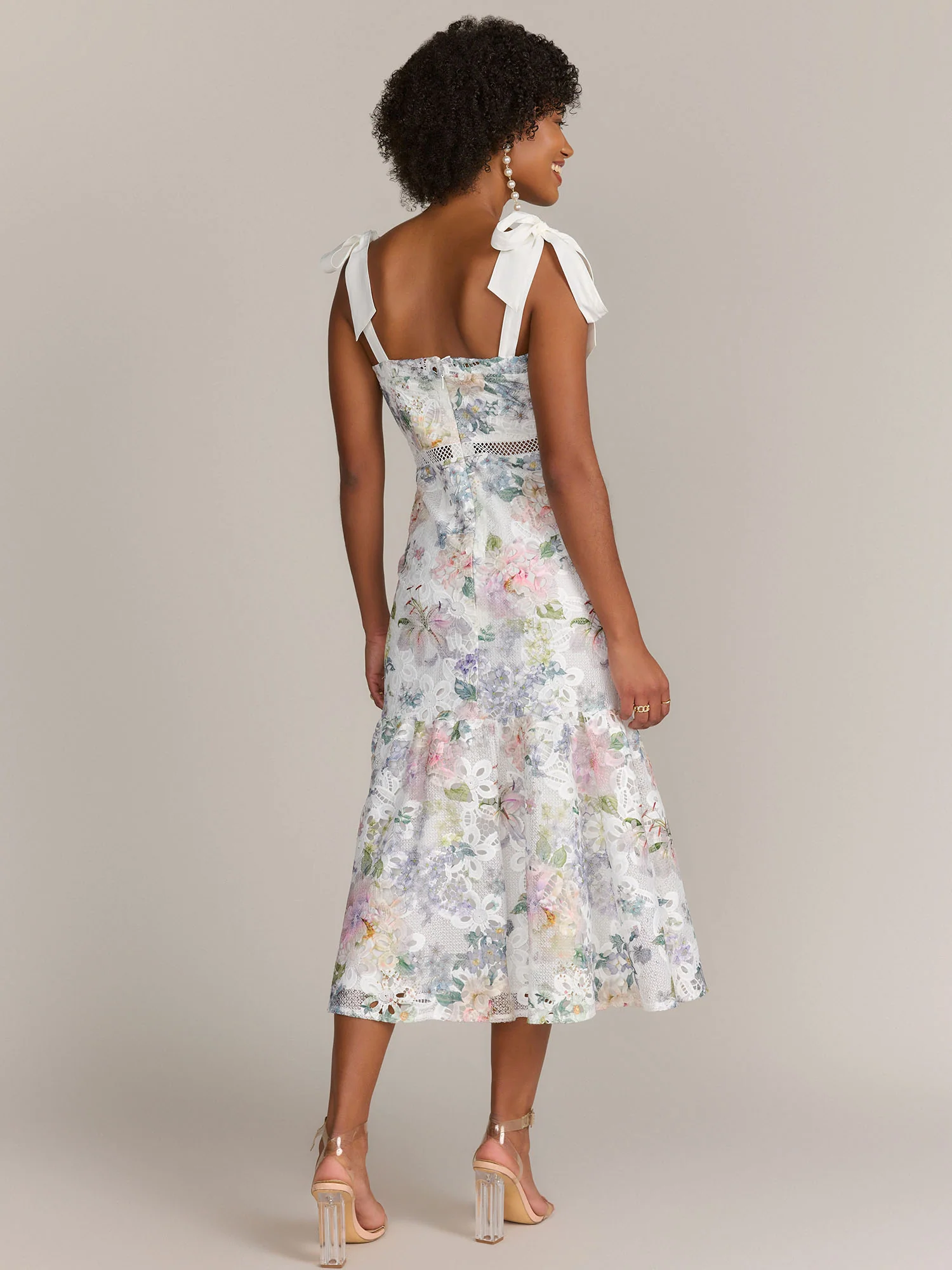 Just Me Tie Shoulder Floral Print Lace Midi Dress - Brands We Love - Image 3