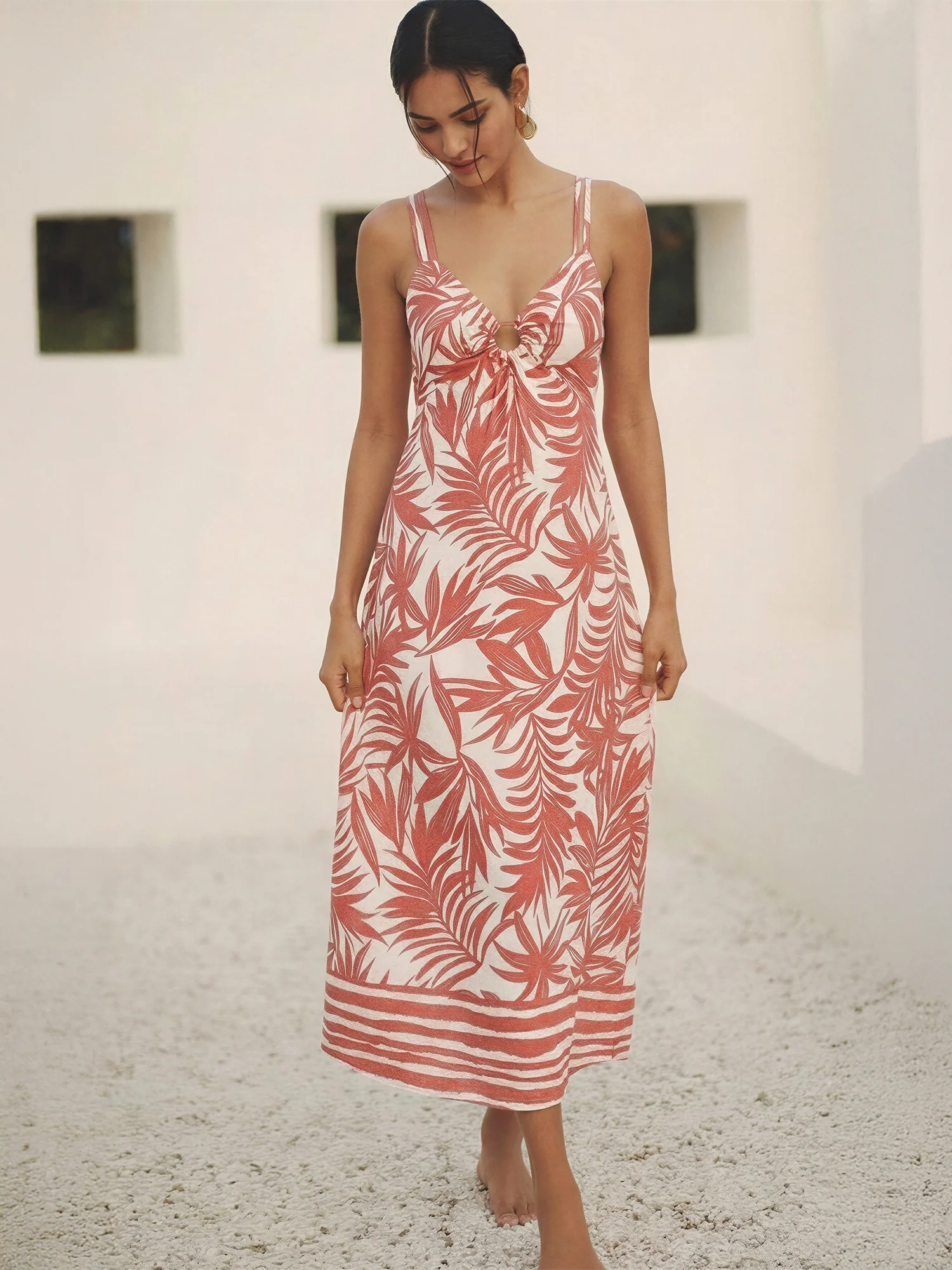 Tropical Leaf Print Back Tie Maxi Dress