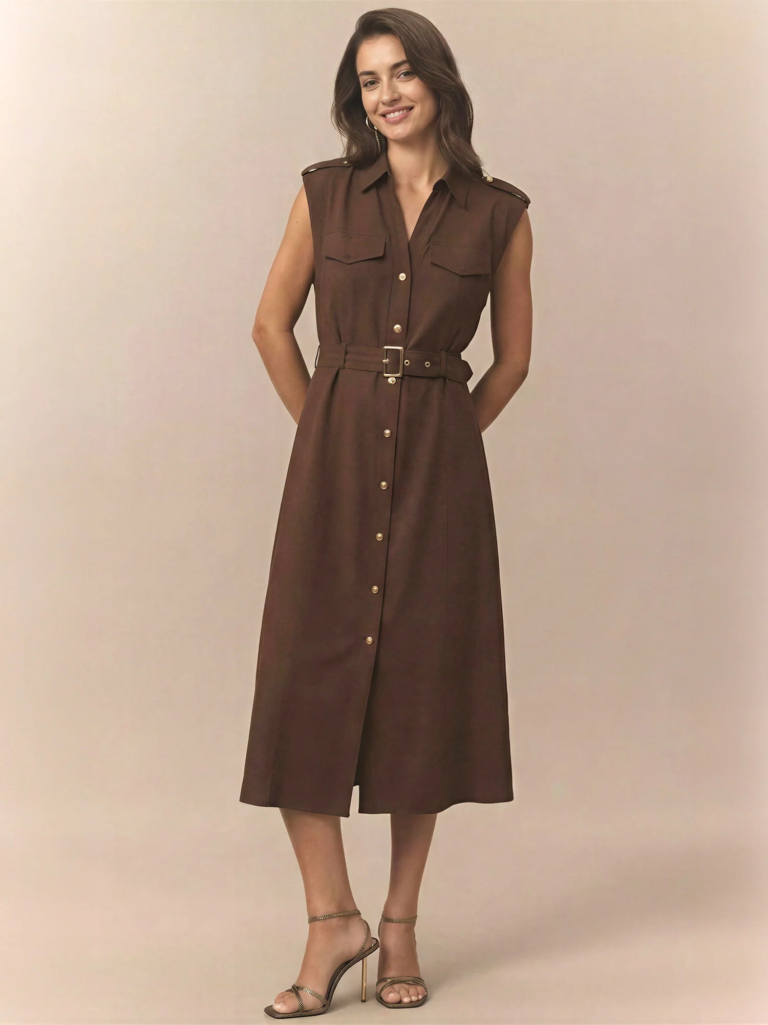 Sleeveless Utility Button Down Linen Bled Shirt Midi Dress