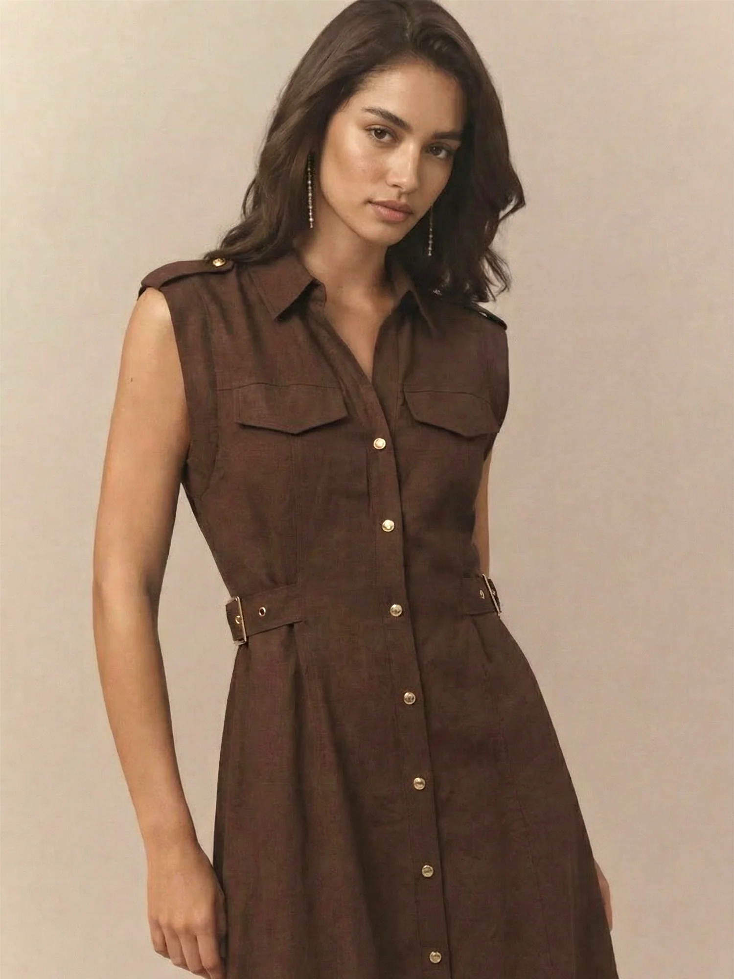 Sleeveless Utility Button Down Linen Bled Shirt Midi Dress - Image 2