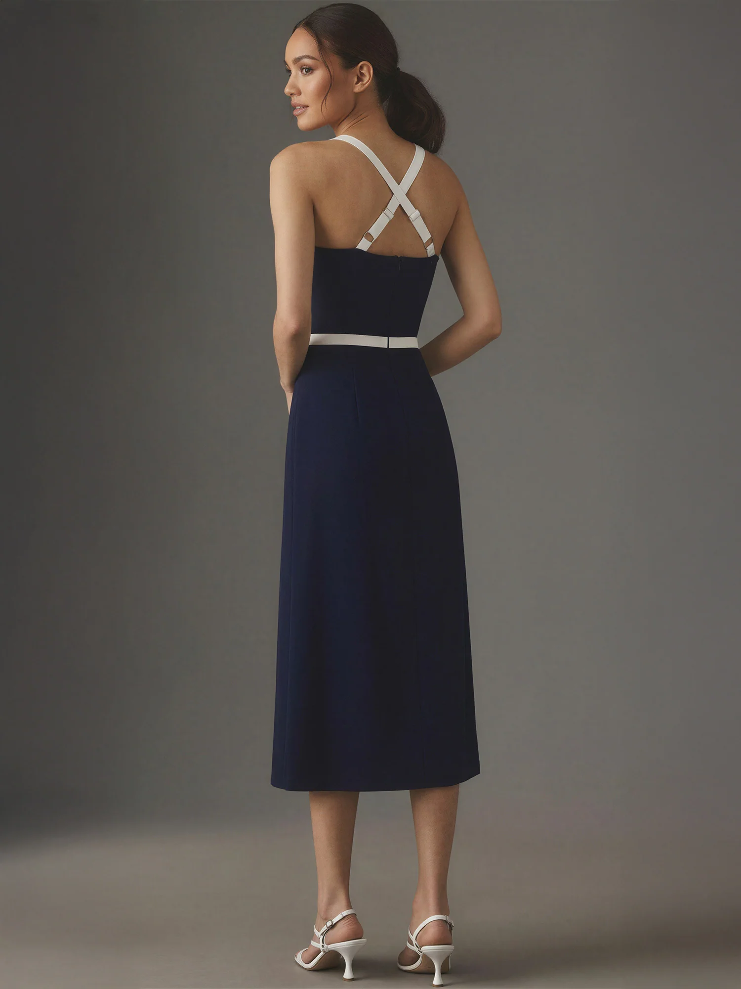 V Neck Contrast Bow Midi Dress - Image 3