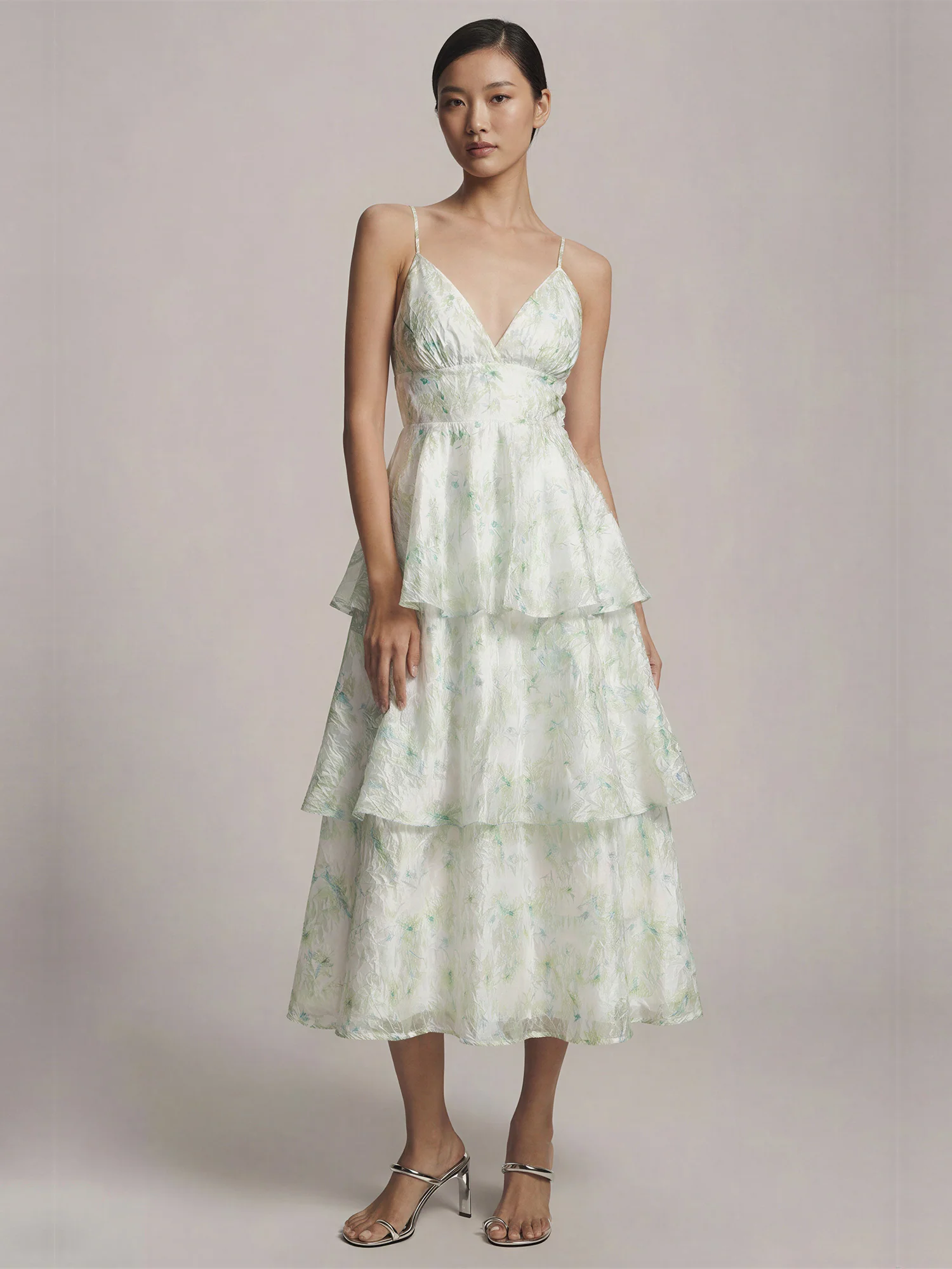 V Neck Floral Tiered Midi Dress