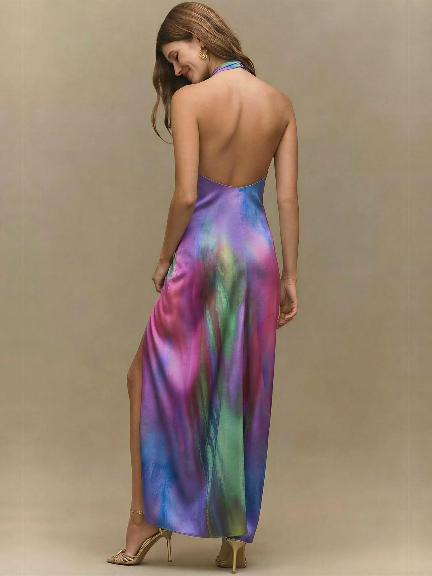 Sleeveless V Neck Watercolor Tie Knot Satin Gown - Image 4