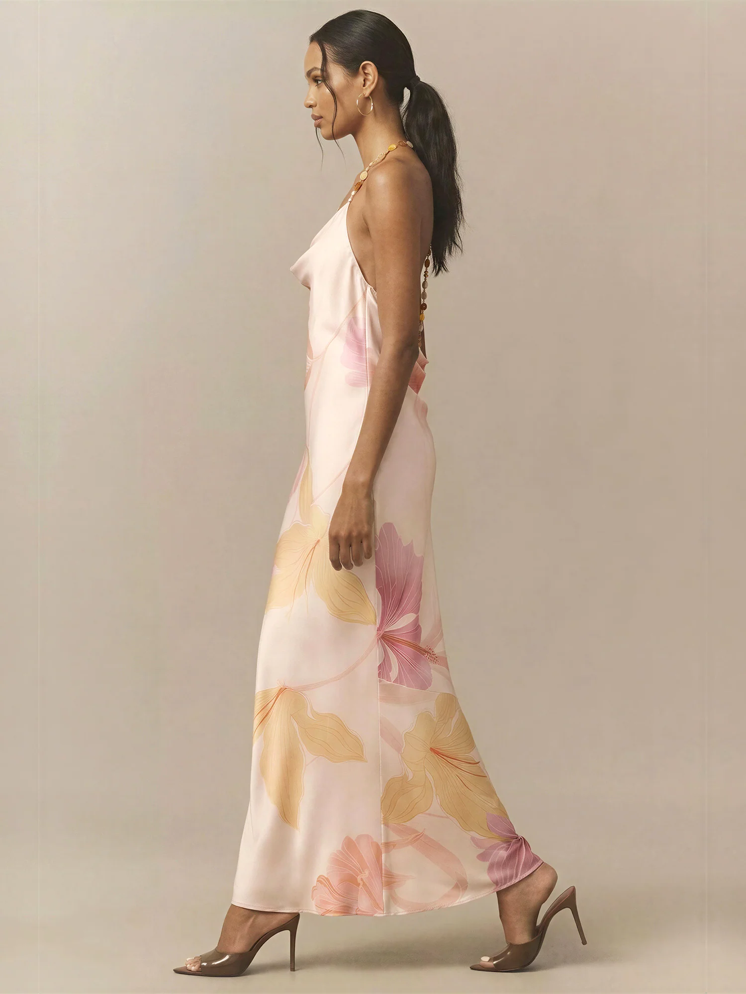Sleeveless Watercolor Floral Beaded Straps Satin Gown - Image 3