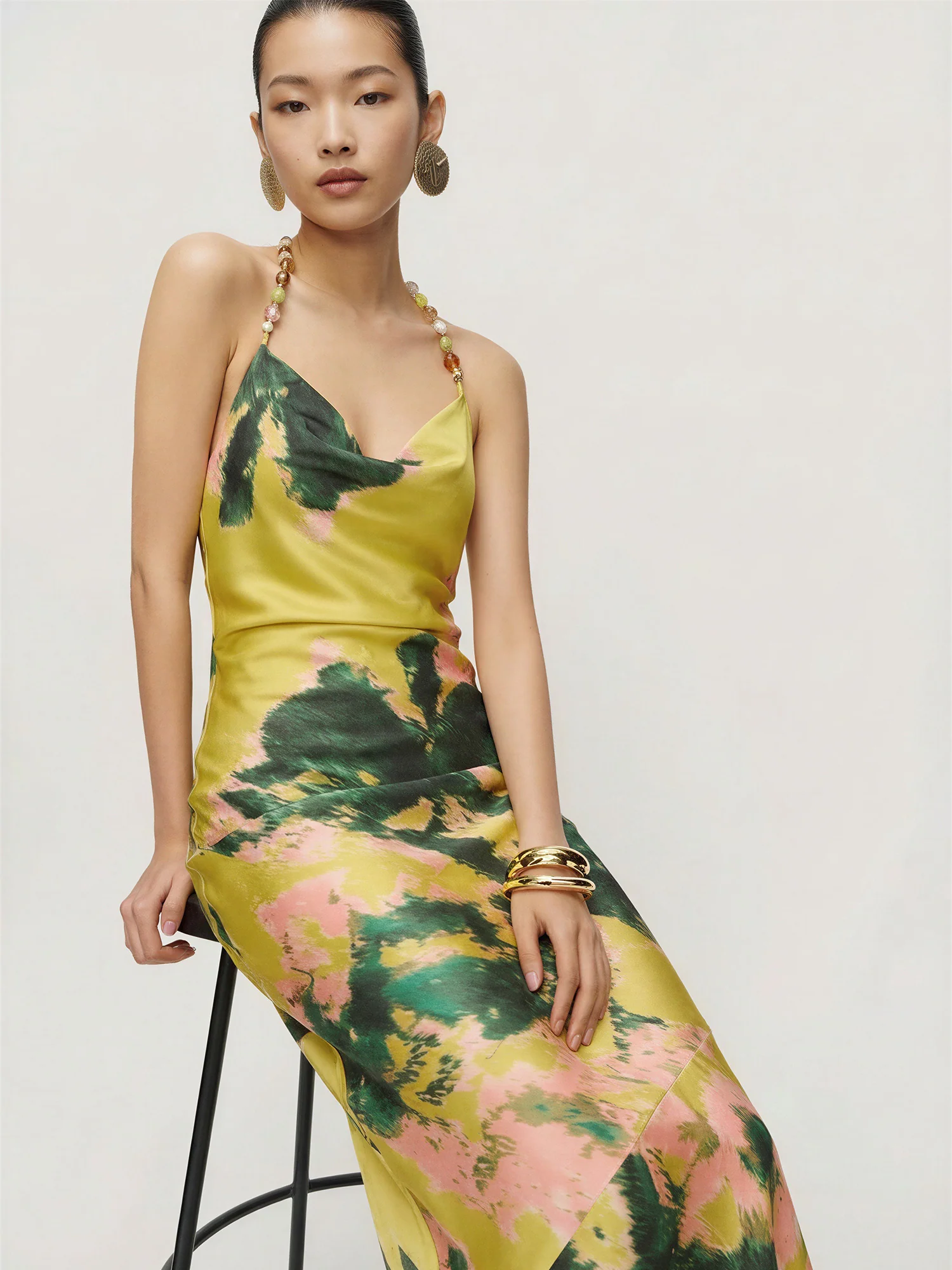Sleeveless Watercolor Floral Beaded Straps Satin Gown - Image 3