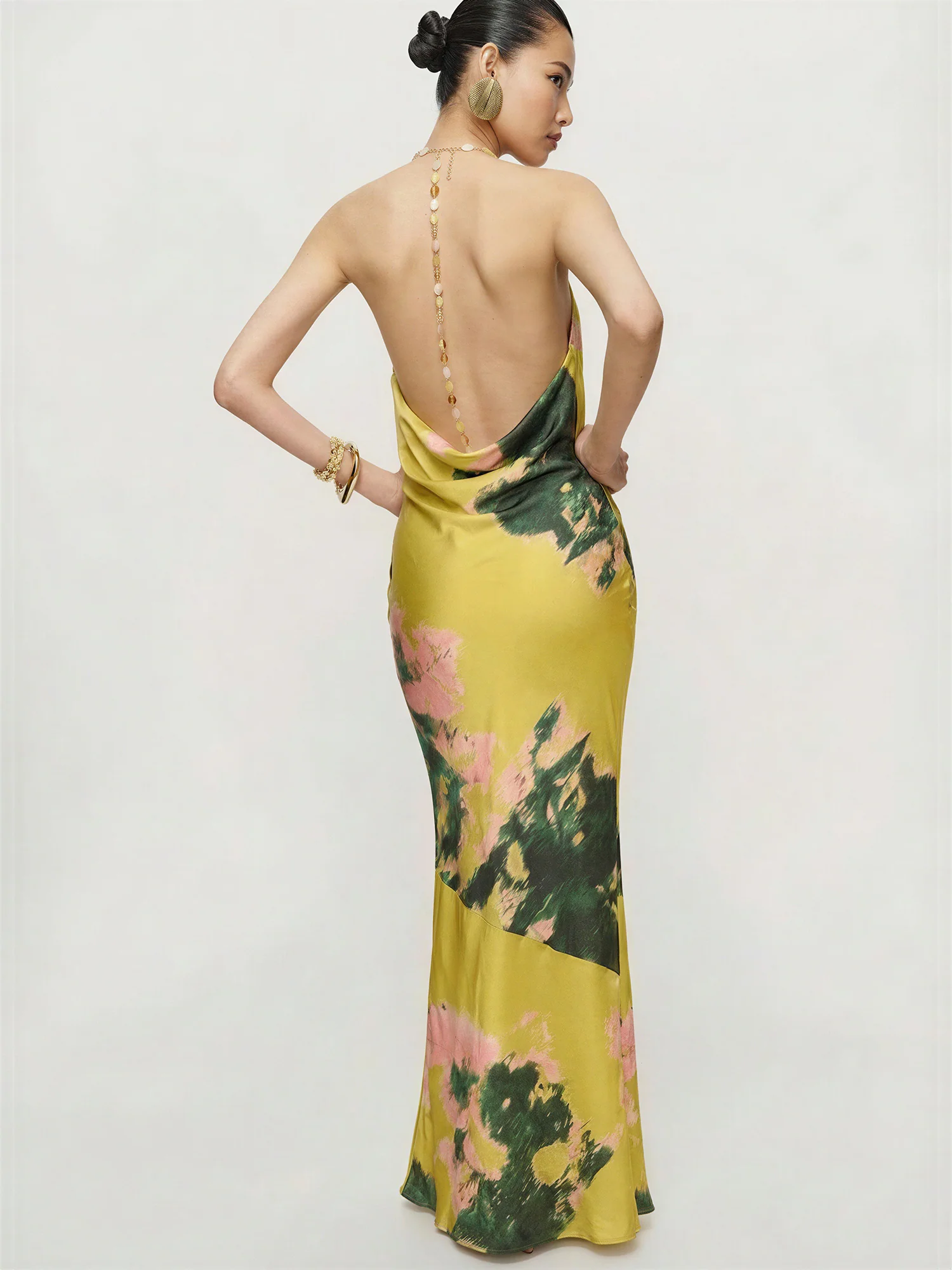 Sleeveless Watercolor Floral Beaded Straps Satin Gown - Image 4